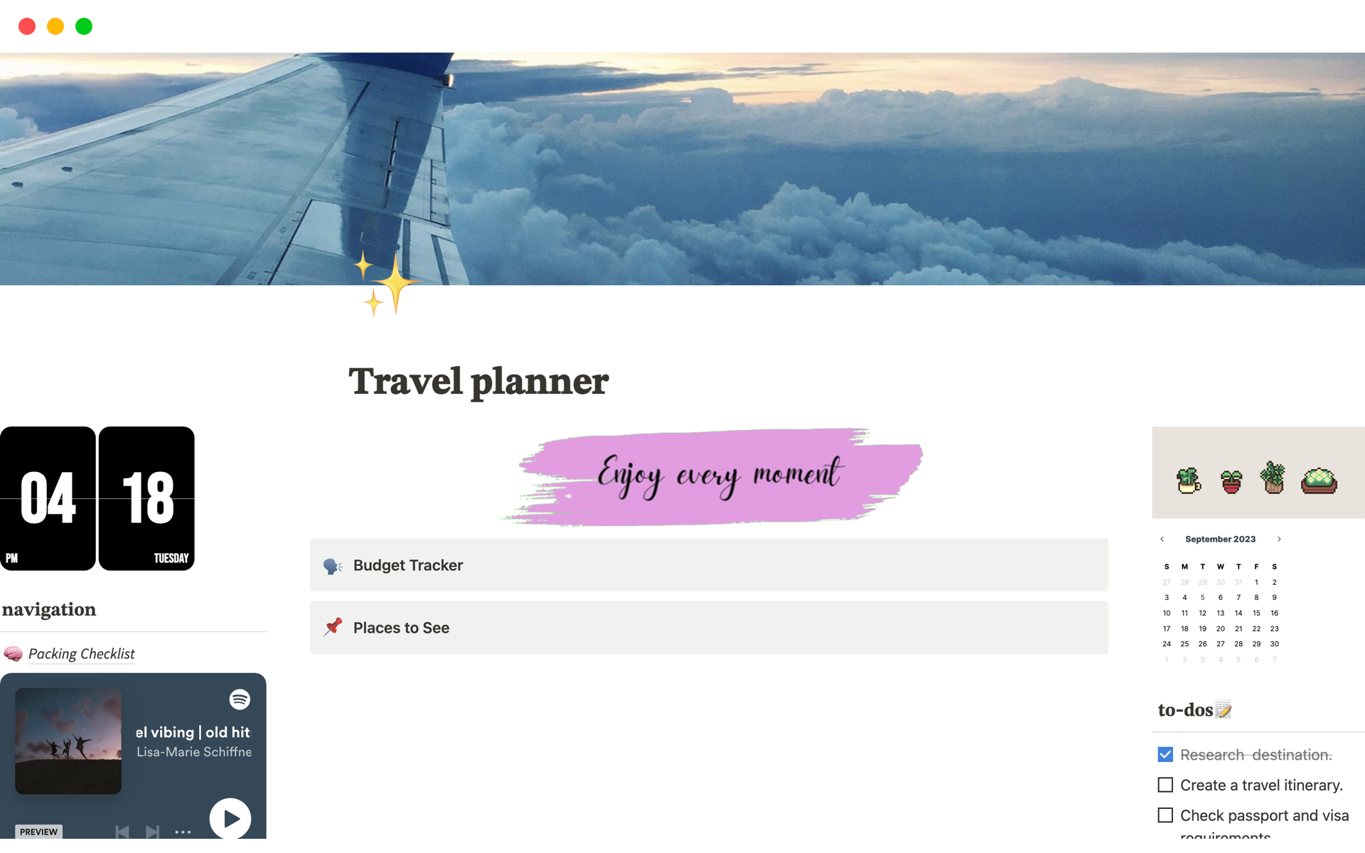 A template preview for Travel Aesthetic Planner
