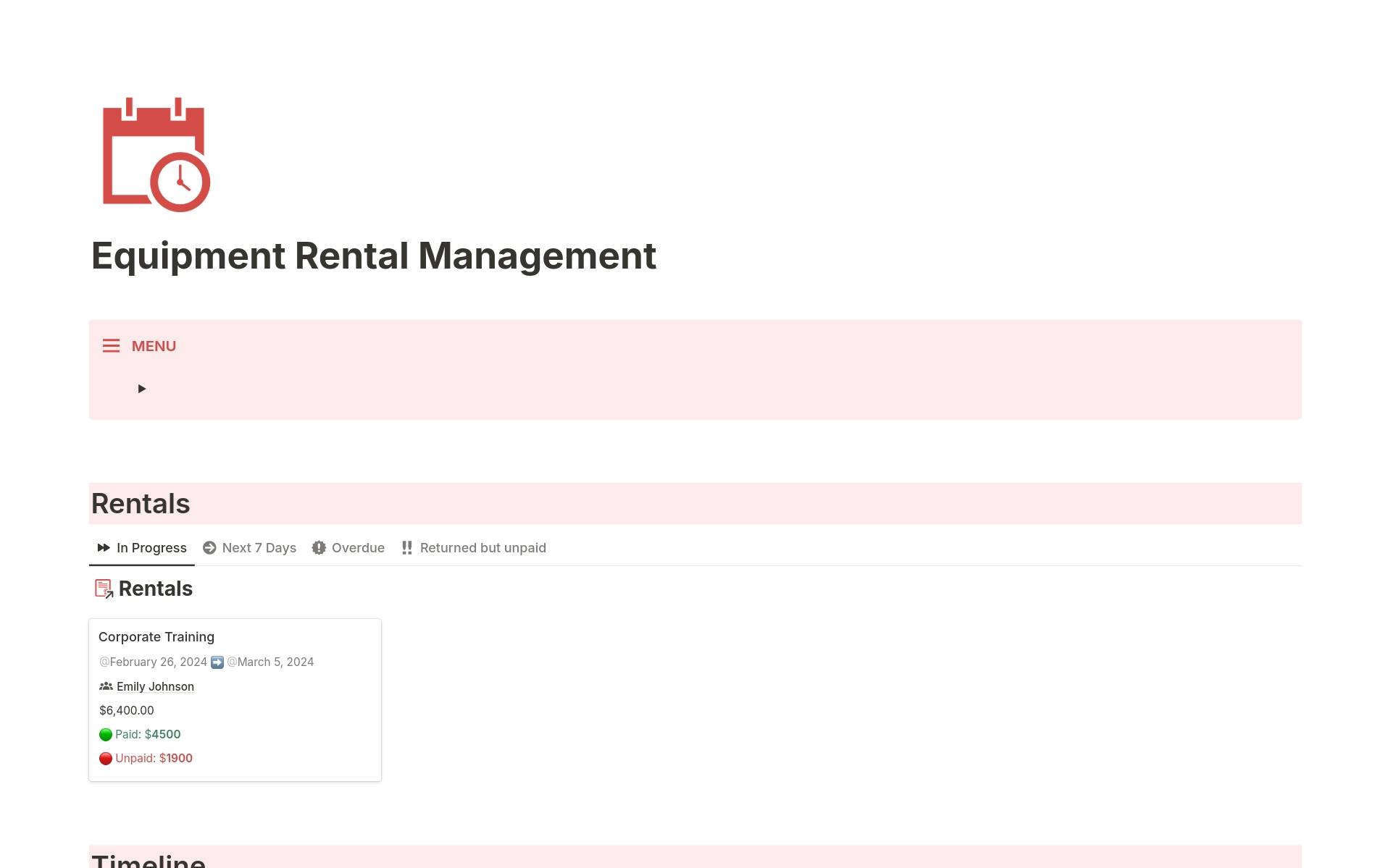 Streamline rental management and equipment booking with this Notion template. Databases included: Rental, Rental Items, Equipment, Customers and Payments.