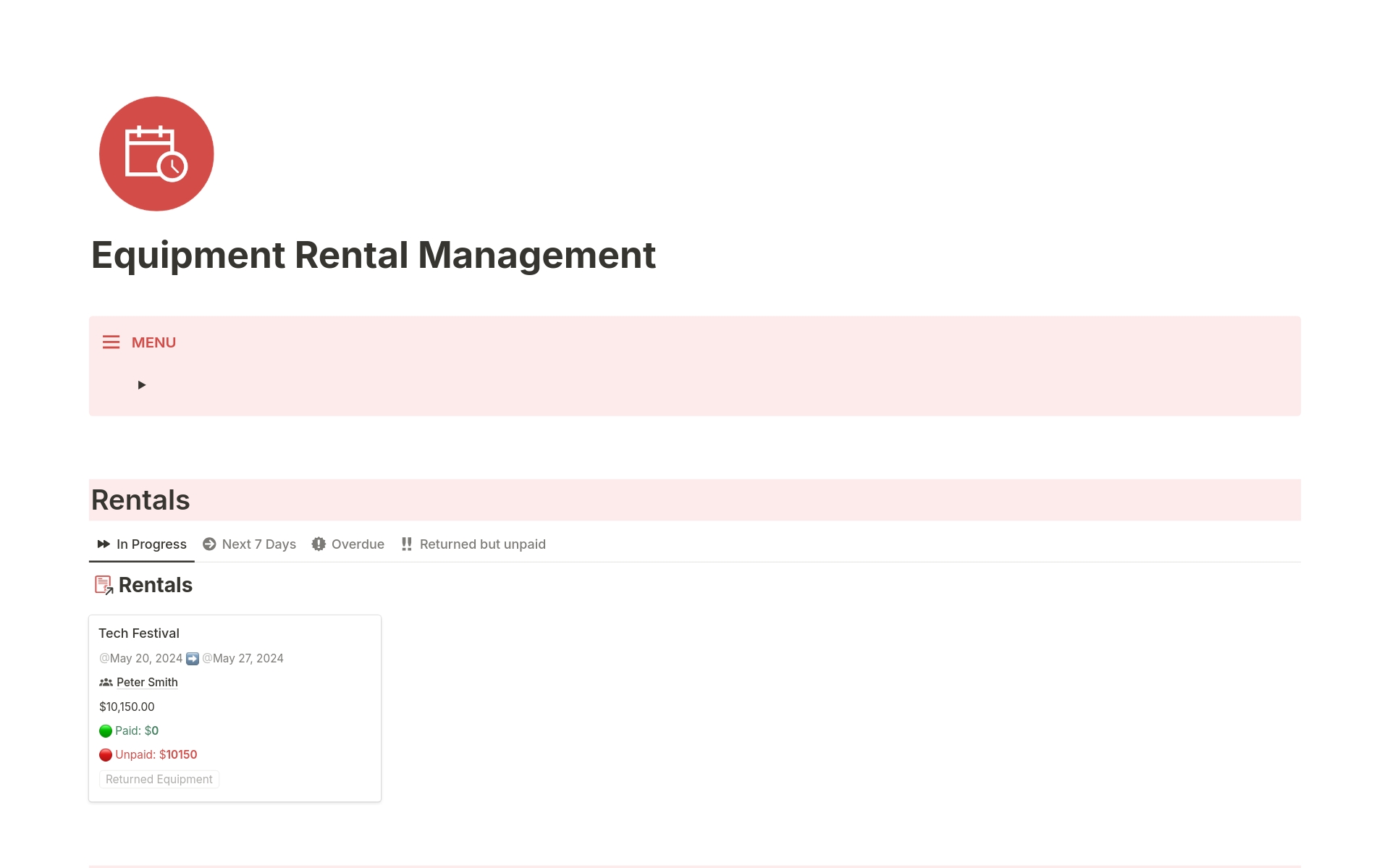 A template preview for Equipment Rental Management