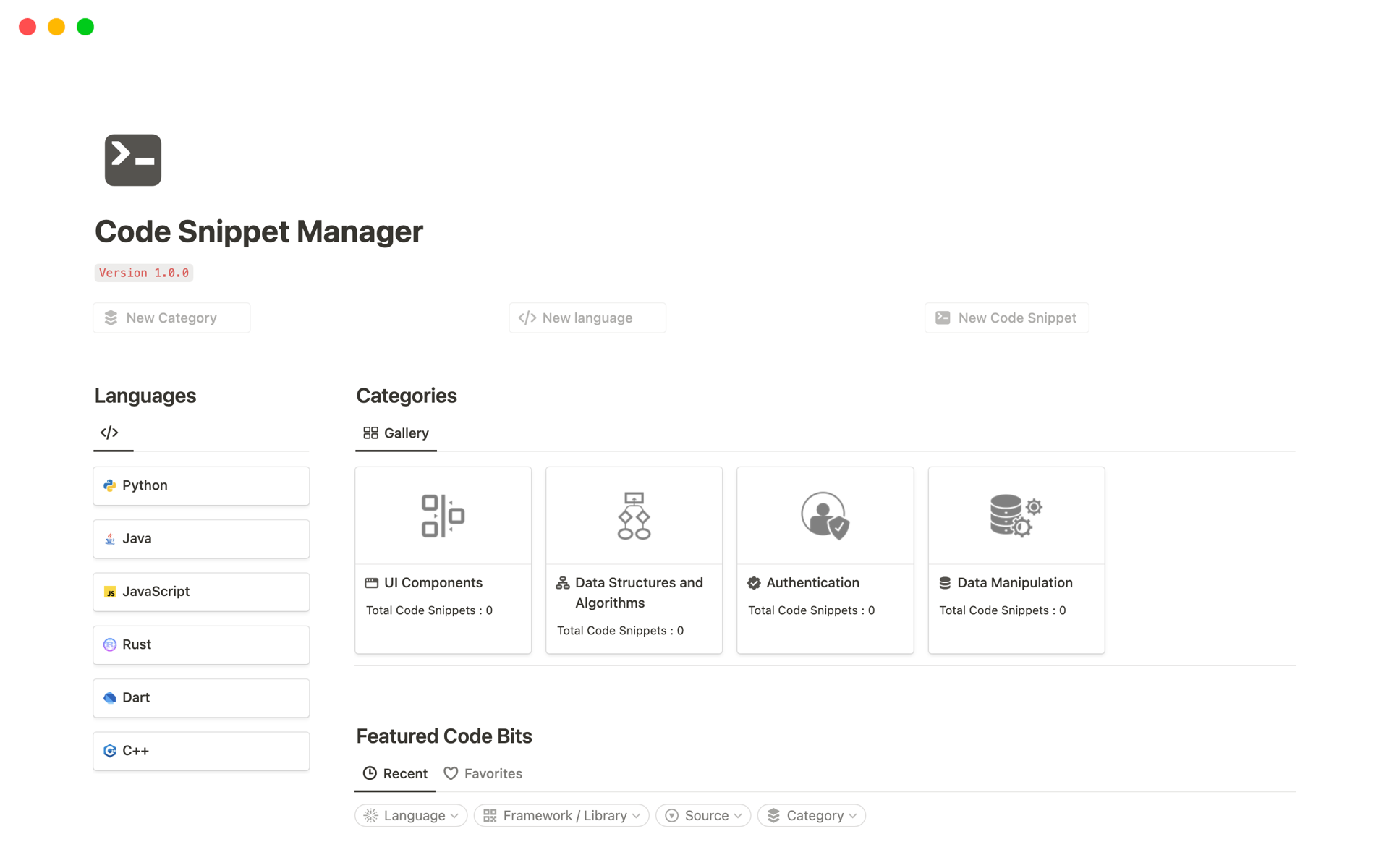 Efficiently organize and manage your code snippets with this Notion template, streamlining your workflow and ensuring easy access to essential snippets for increased productivity.