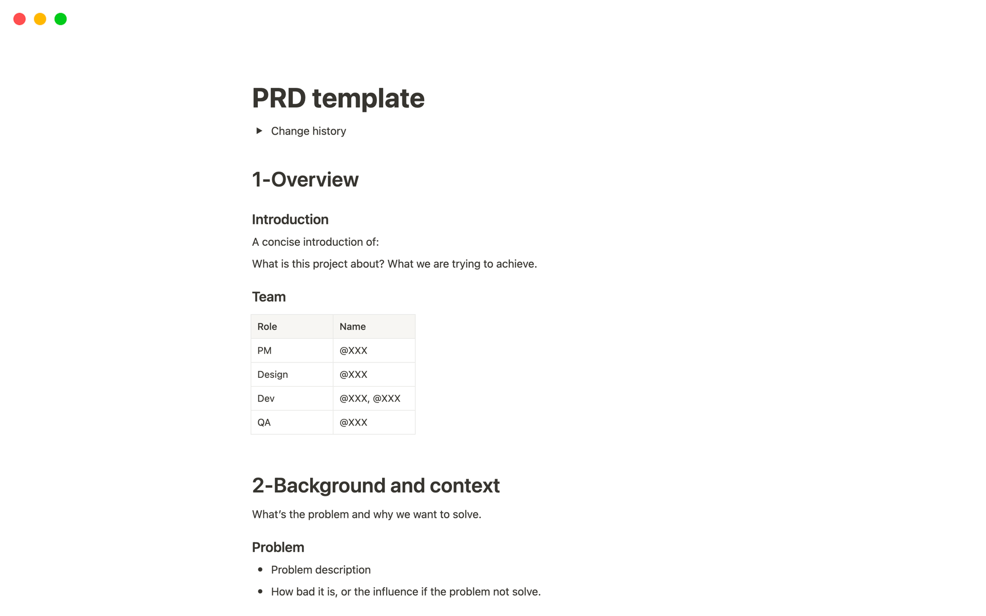 Vista previa de plantilla para PRD template