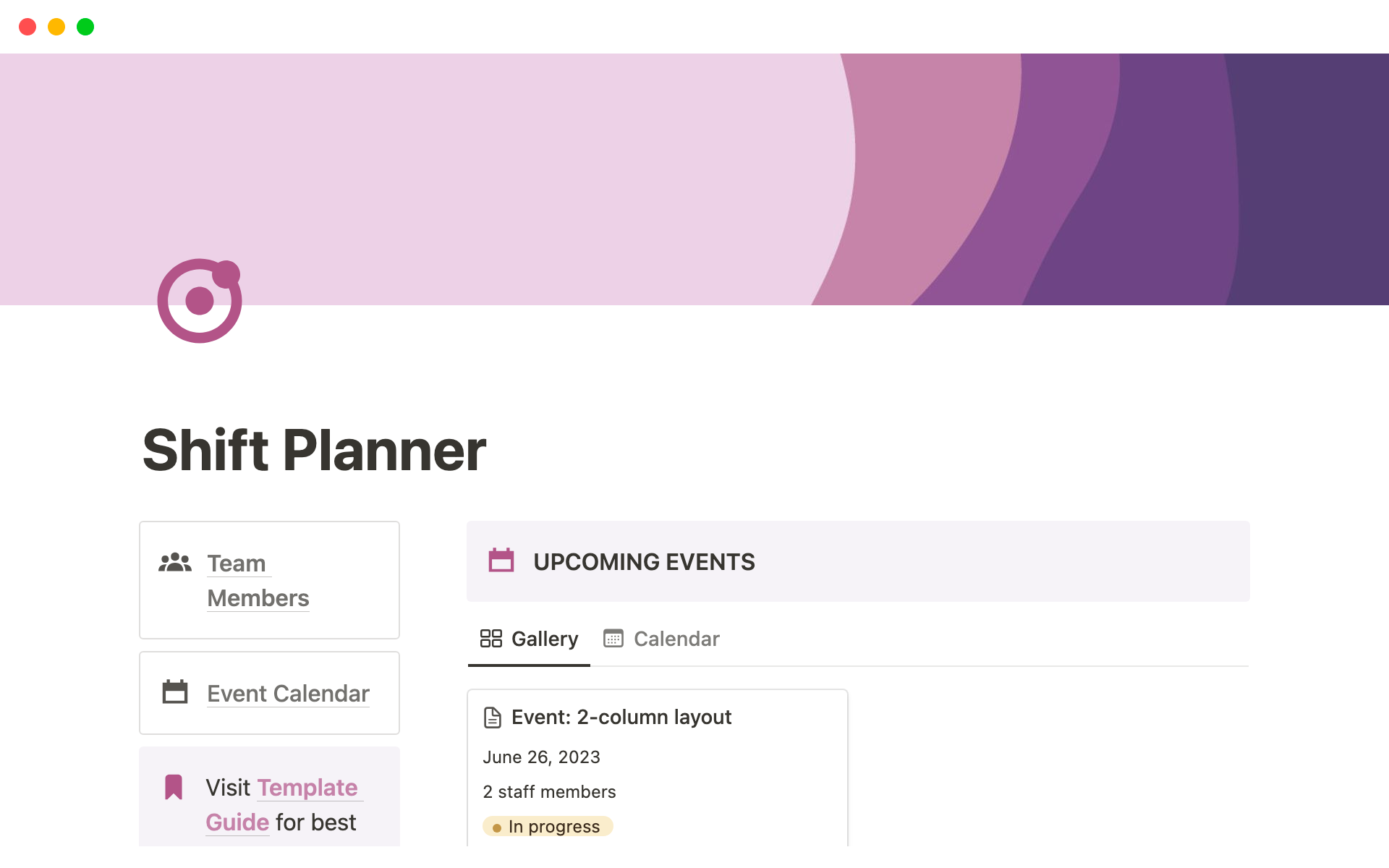 Eine Vorlagenvorschau für Shift Planner