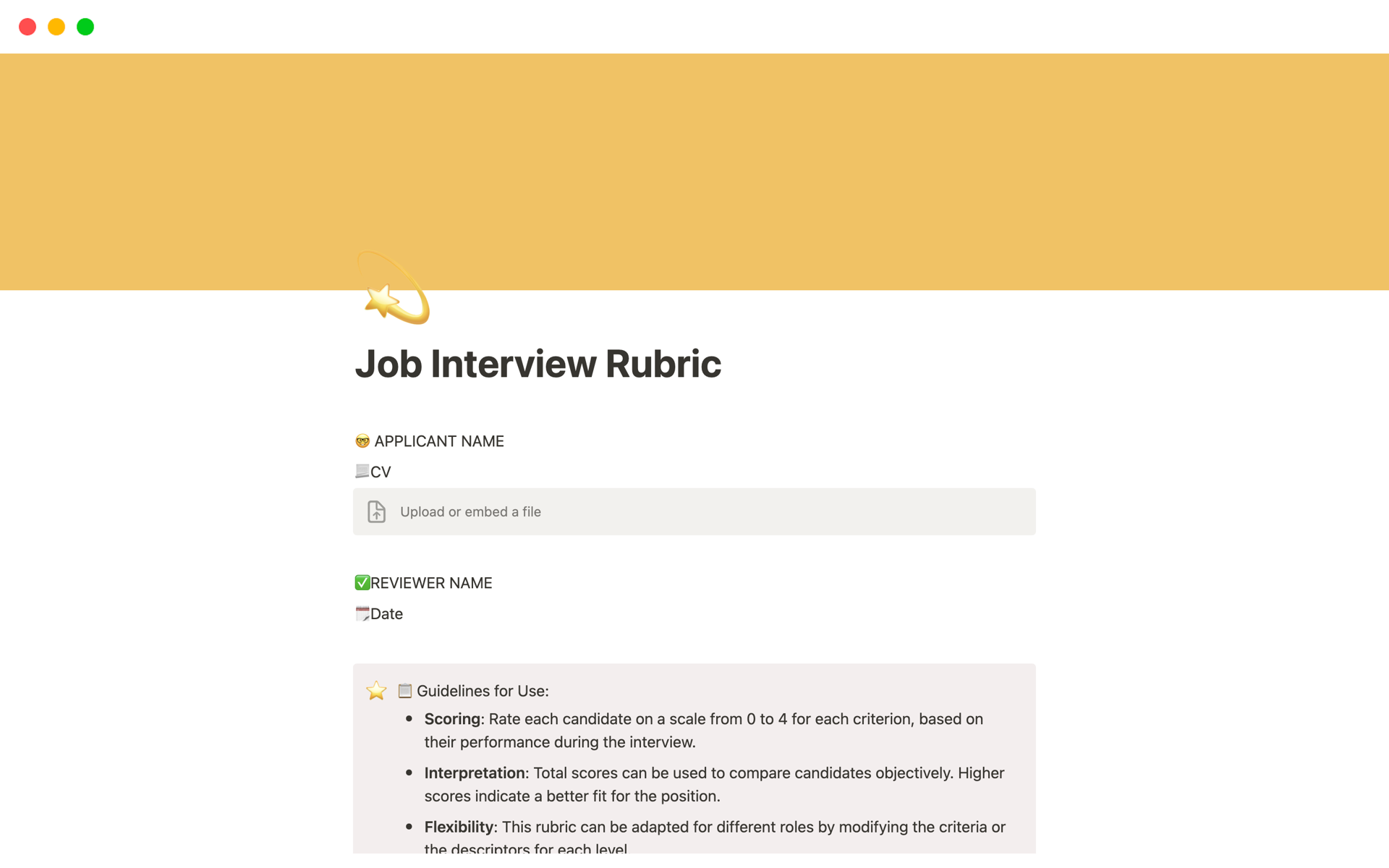 A template preview for Job Interview Rubric