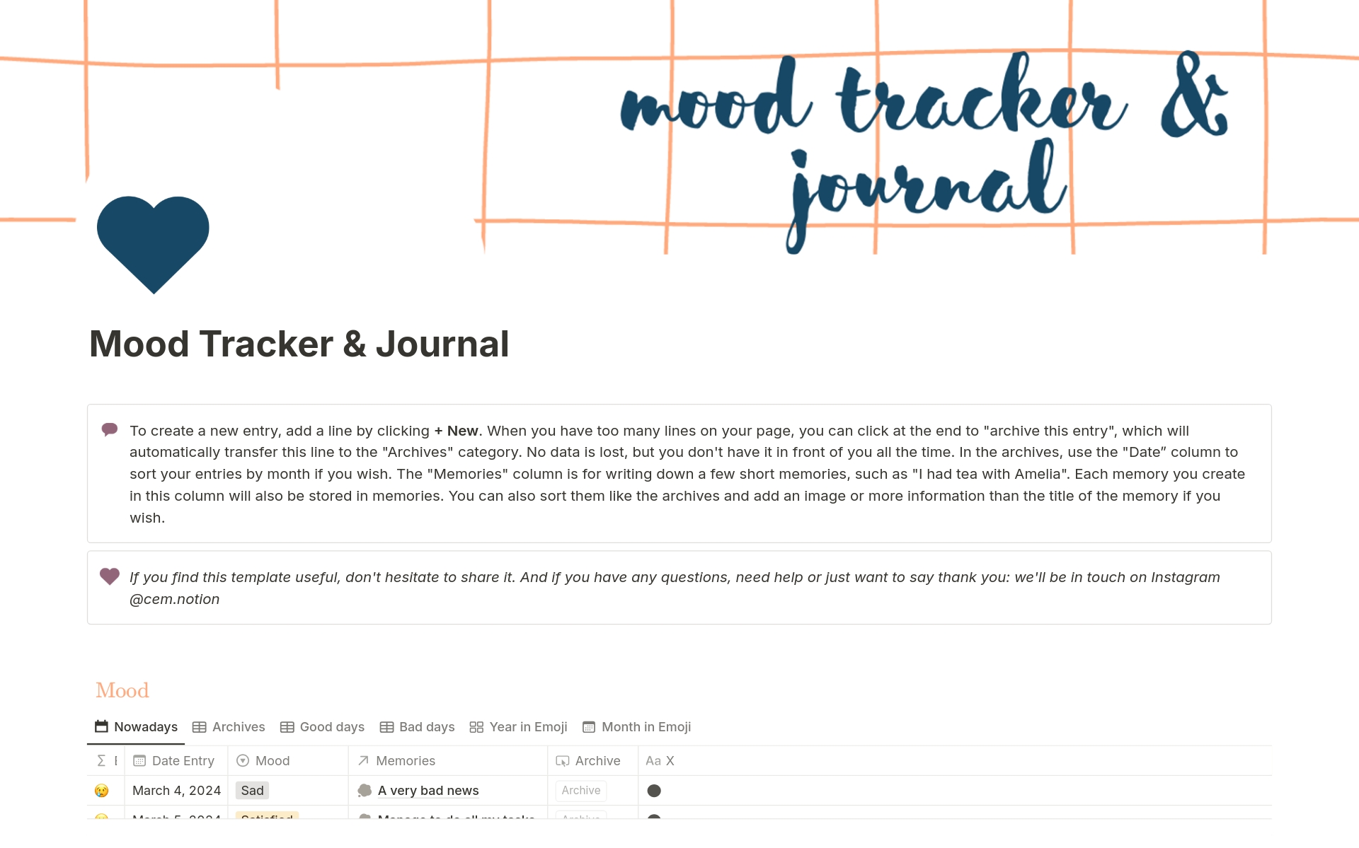 A template preview for Mood tracker & Journal 