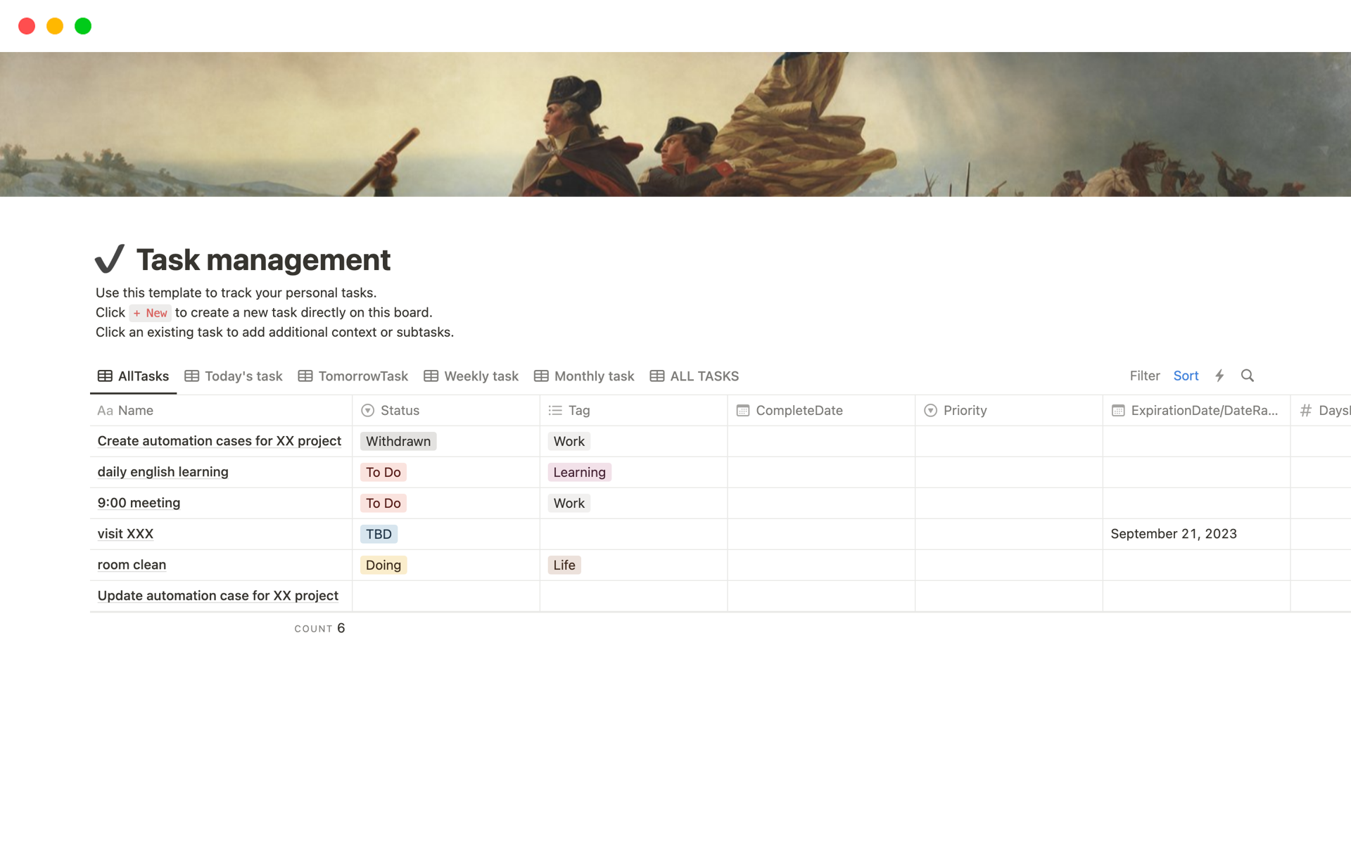 A template preview for taks management