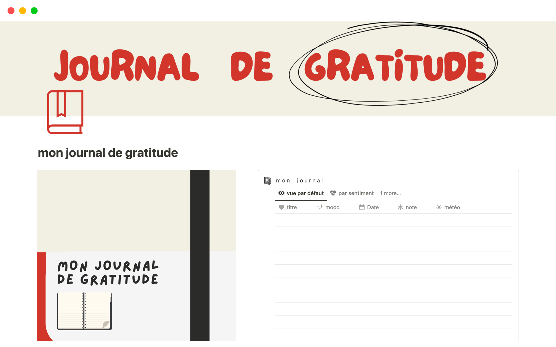 Eine Vorlagenvorschau für mon journal de gratitude