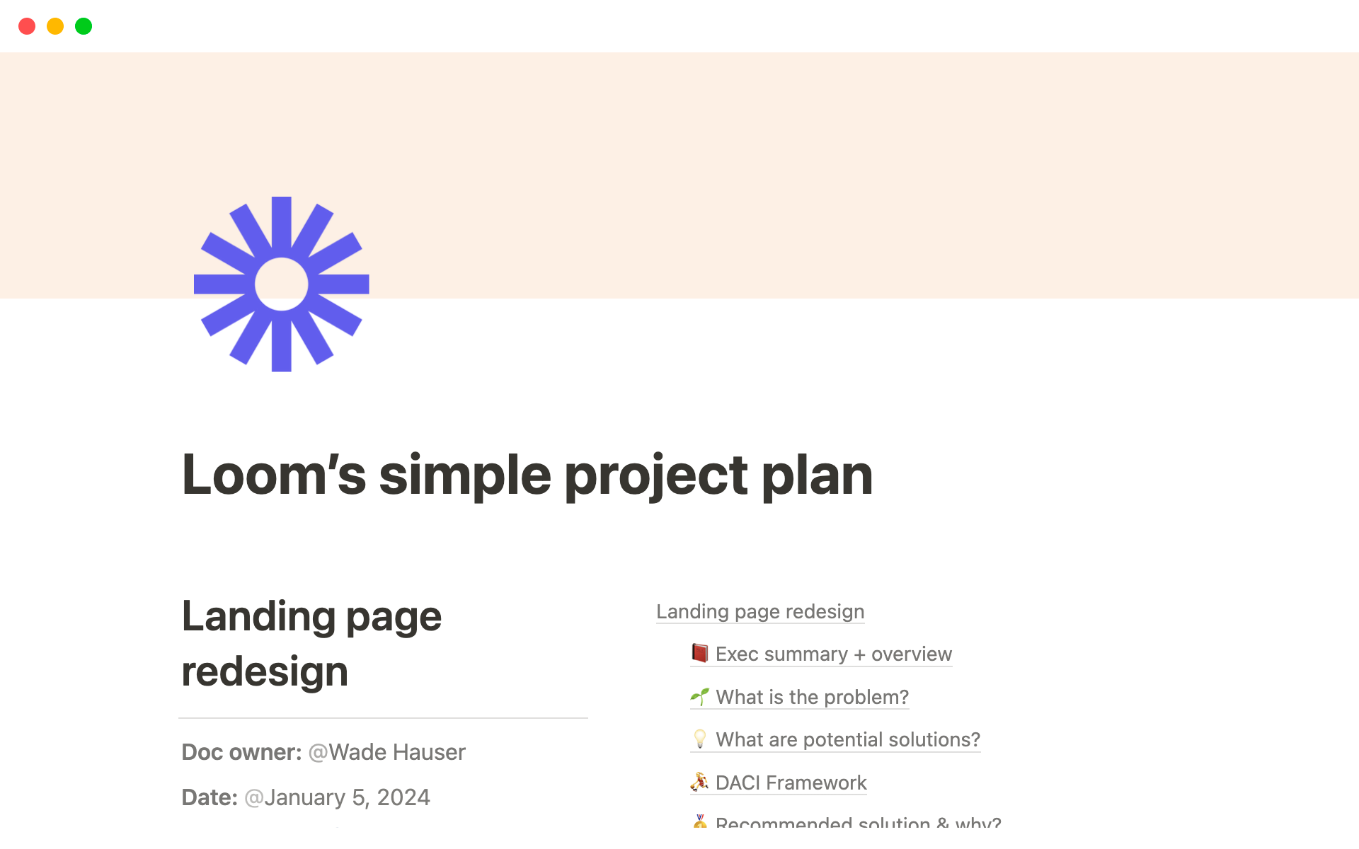 A template preview for Loom's simple project plan