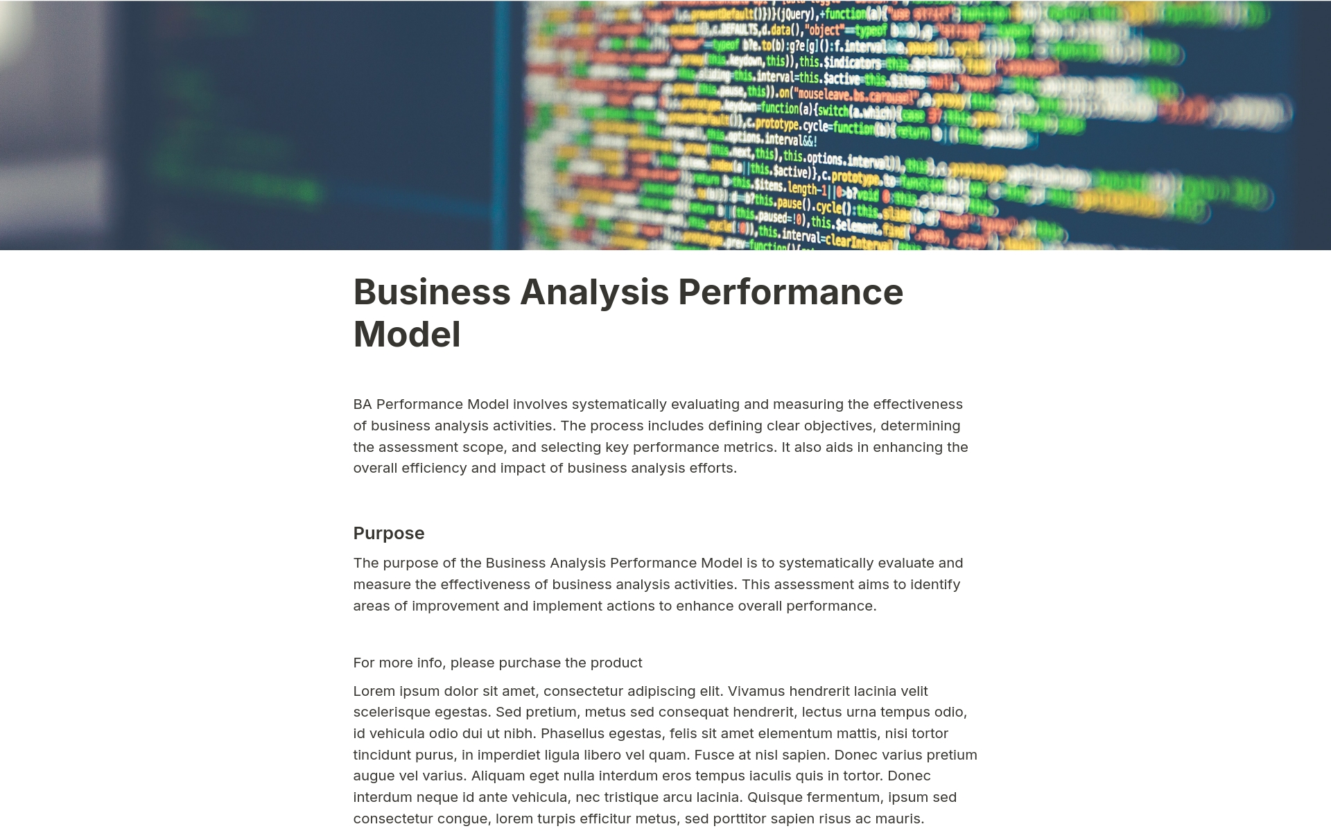 A template preview for Business Analysis Performance Model