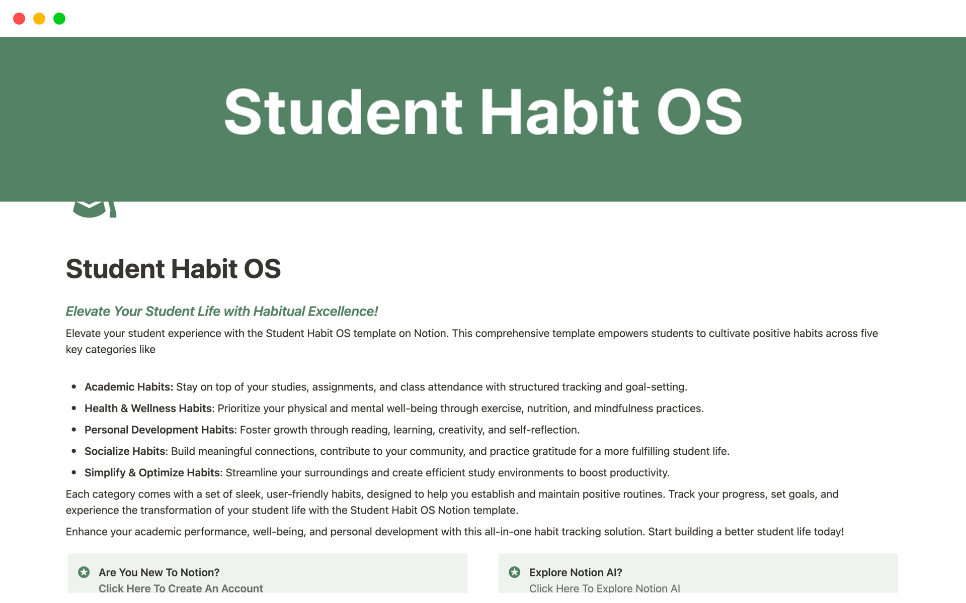 A template preview for Student Habit OS