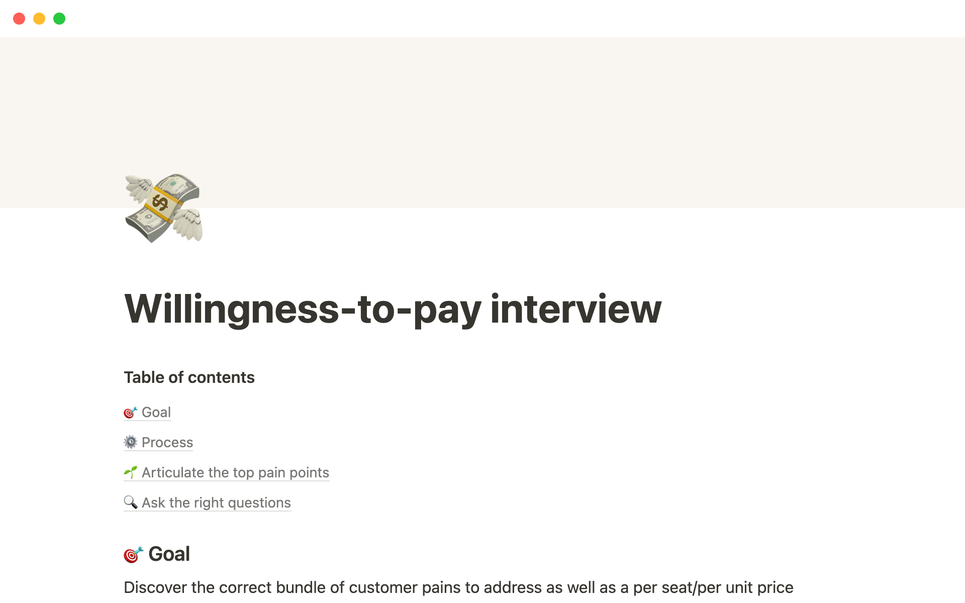 A template preview for Merci Grace's willingness-to-pay interview