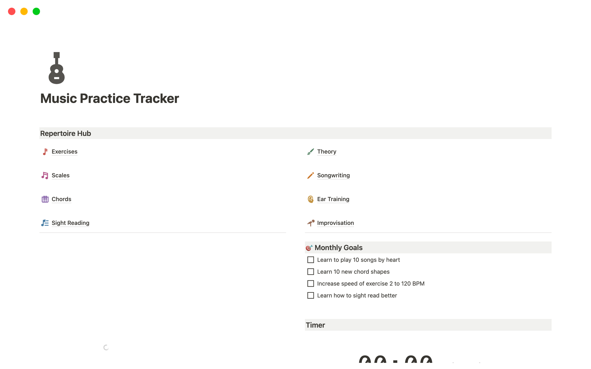 Vista previa de plantilla para Music Practice Tracker