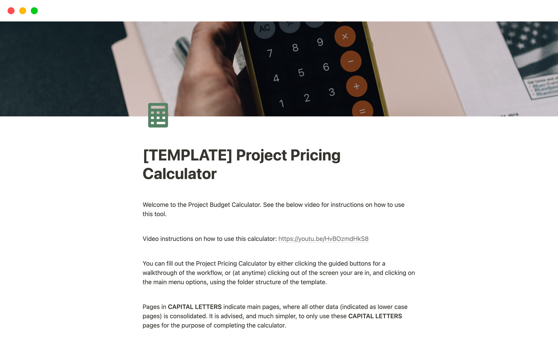 En förhandsgranskning av mallen för Project Pricing Calculator