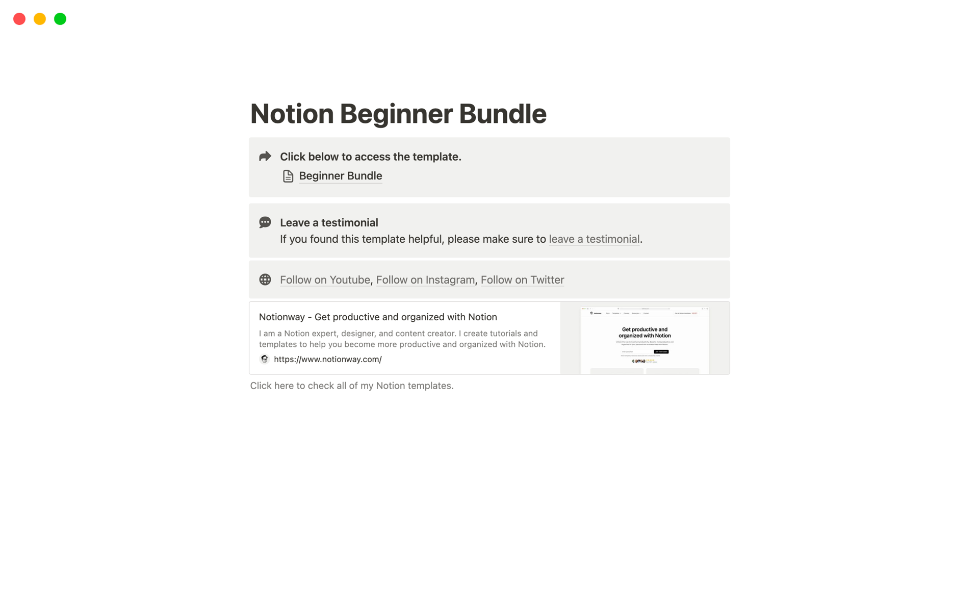 Notion Beginner Bundleのテンプレートのプレビュー