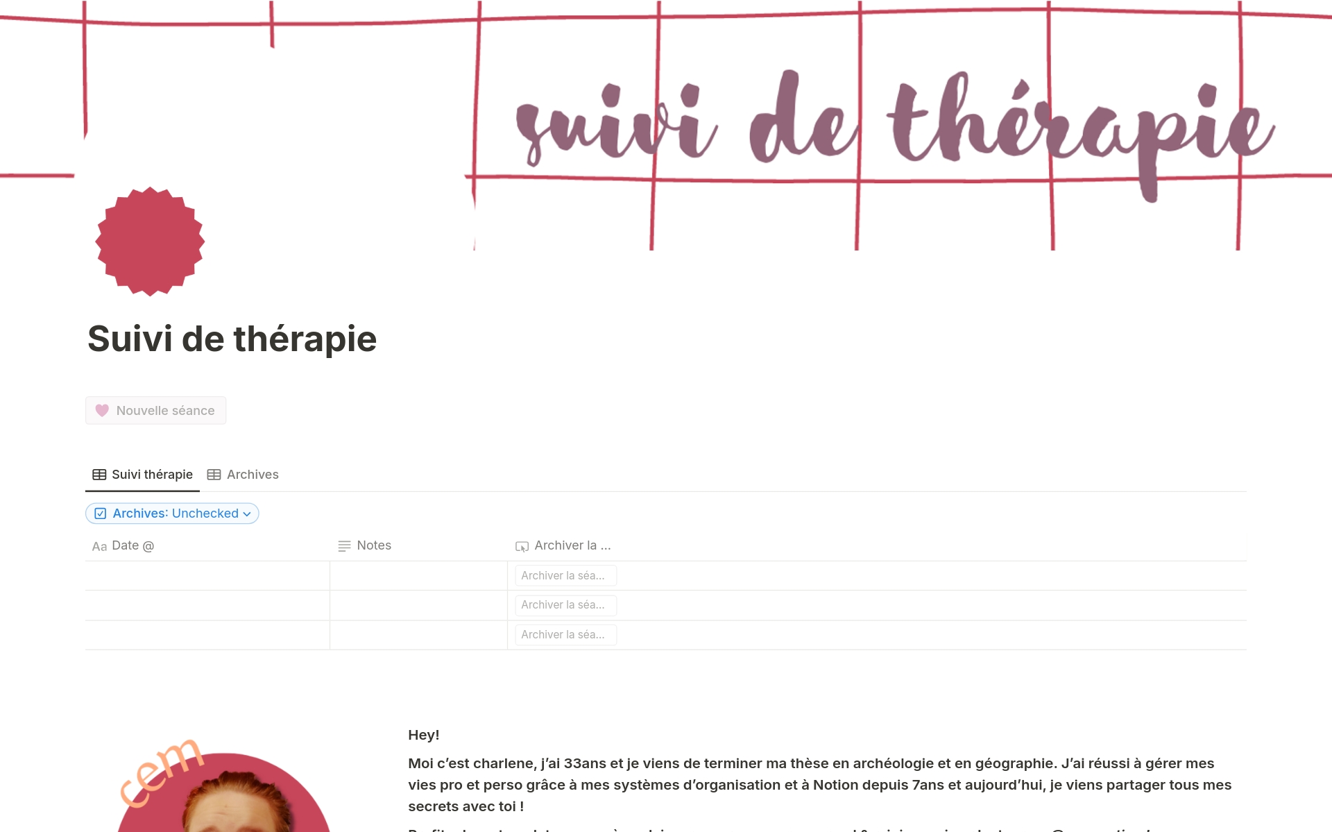A template preview for Suivi de thérapie