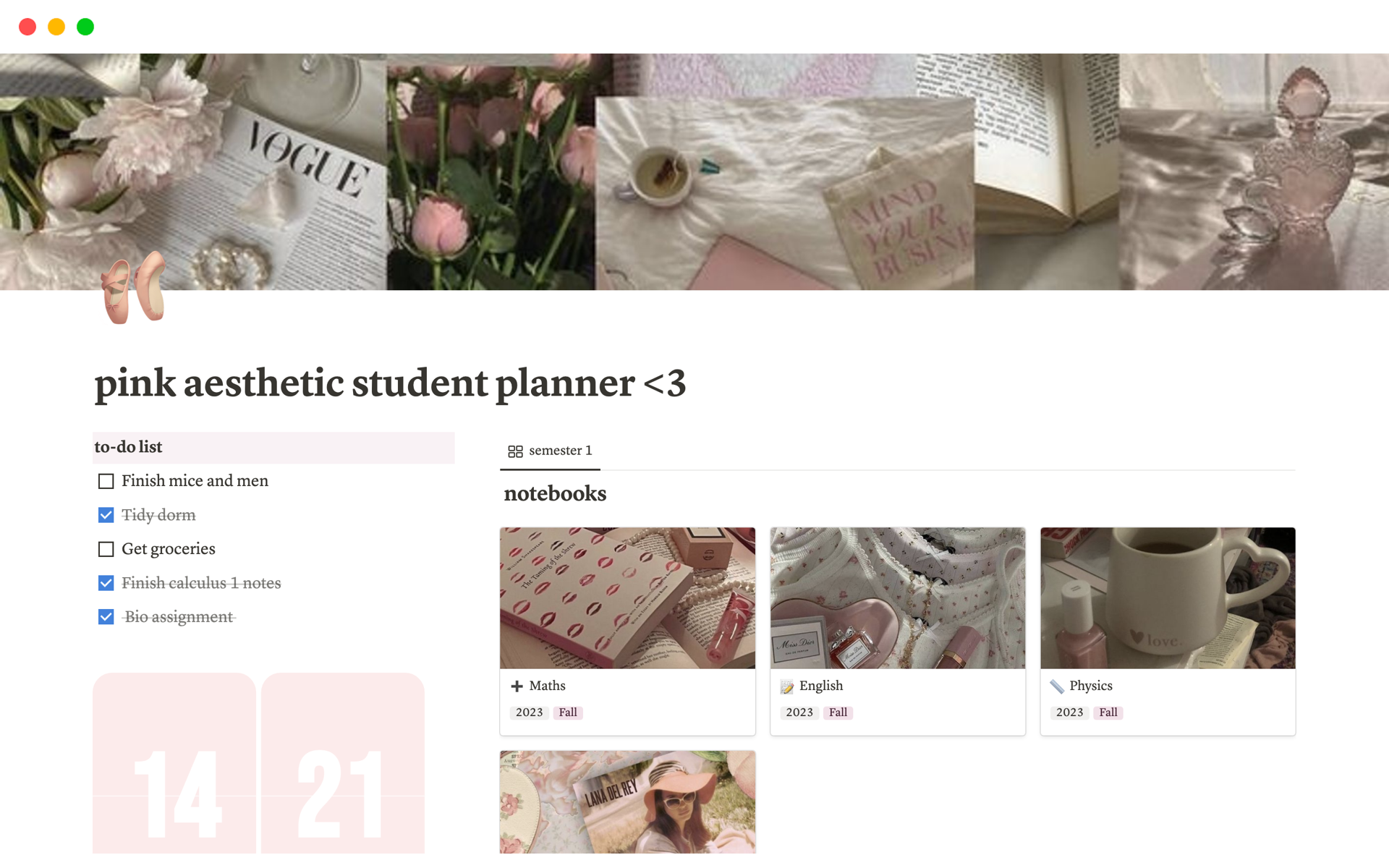 Organise your assignments, projects, clubs, and to-dos with an aesthetic, pink themed Notion template for students.