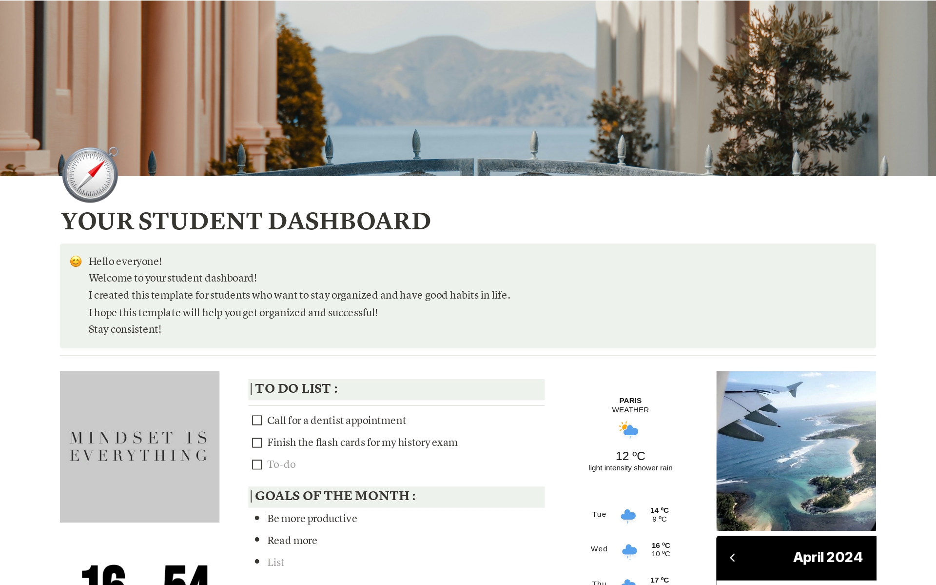 A template preview for YOUR STUDENT DASHBOARD