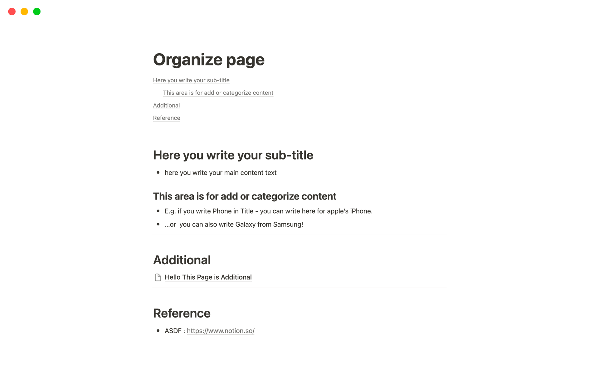En förhandsgranskning av mallen för Organize page