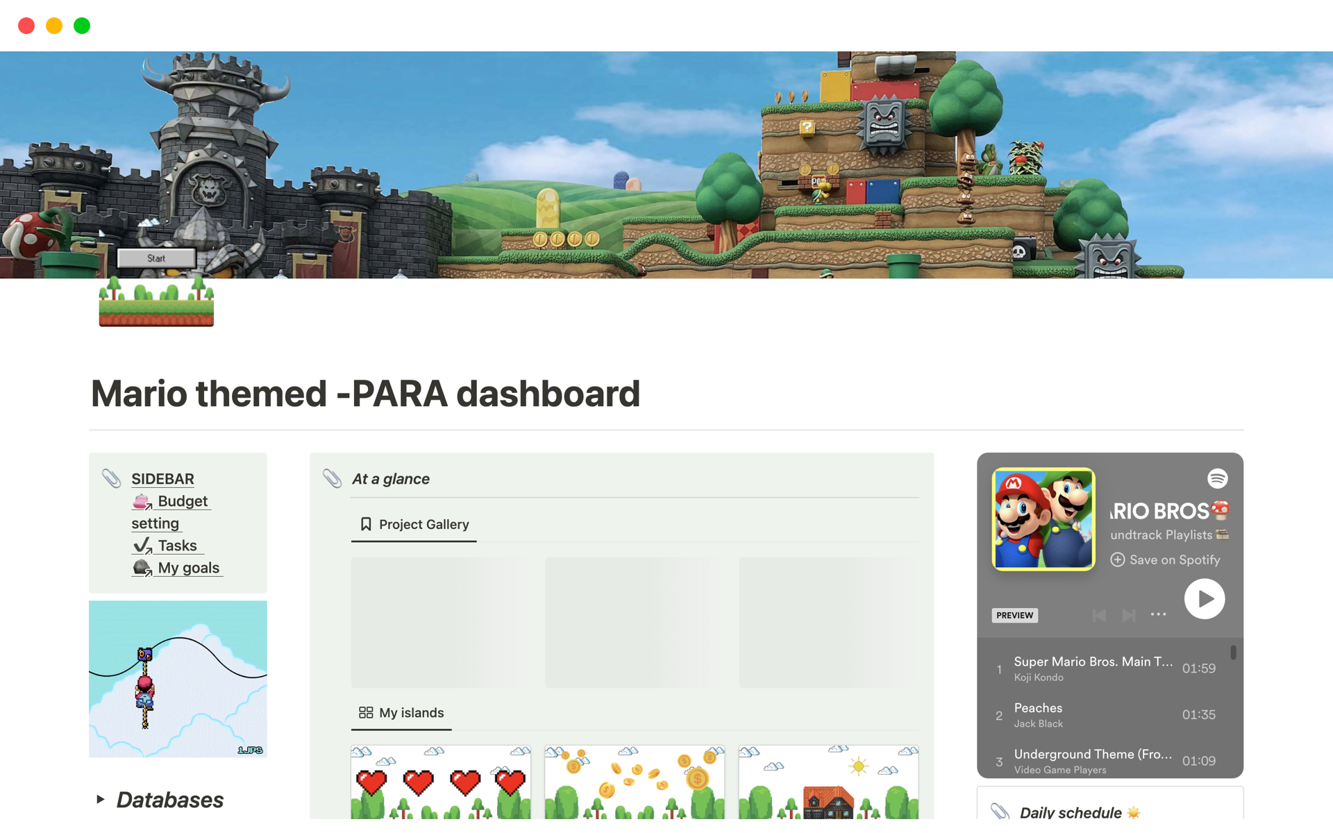 A template preview for Mario themed -PARA dashboard 