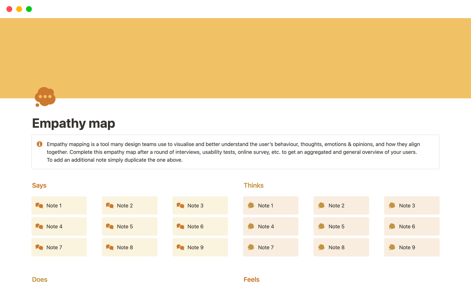 Notion template to complete an empathy map as the first step of user research data analysis.