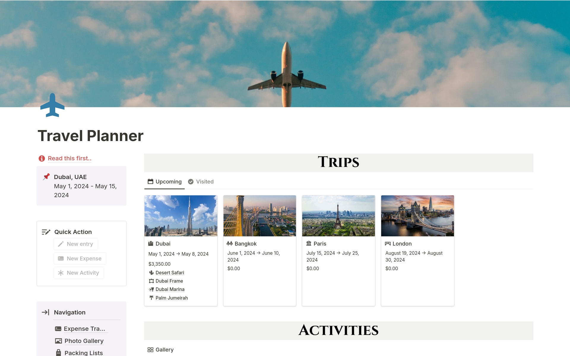 This template can transform your travel planning! Ditch bulky apps, track expenses, photos, journals & packing lists - all on your phone! Manage past, present & future trips with ease. Activities, itineraries, accommodation - it's all here!  Plus, a checklist keeps you prepared.