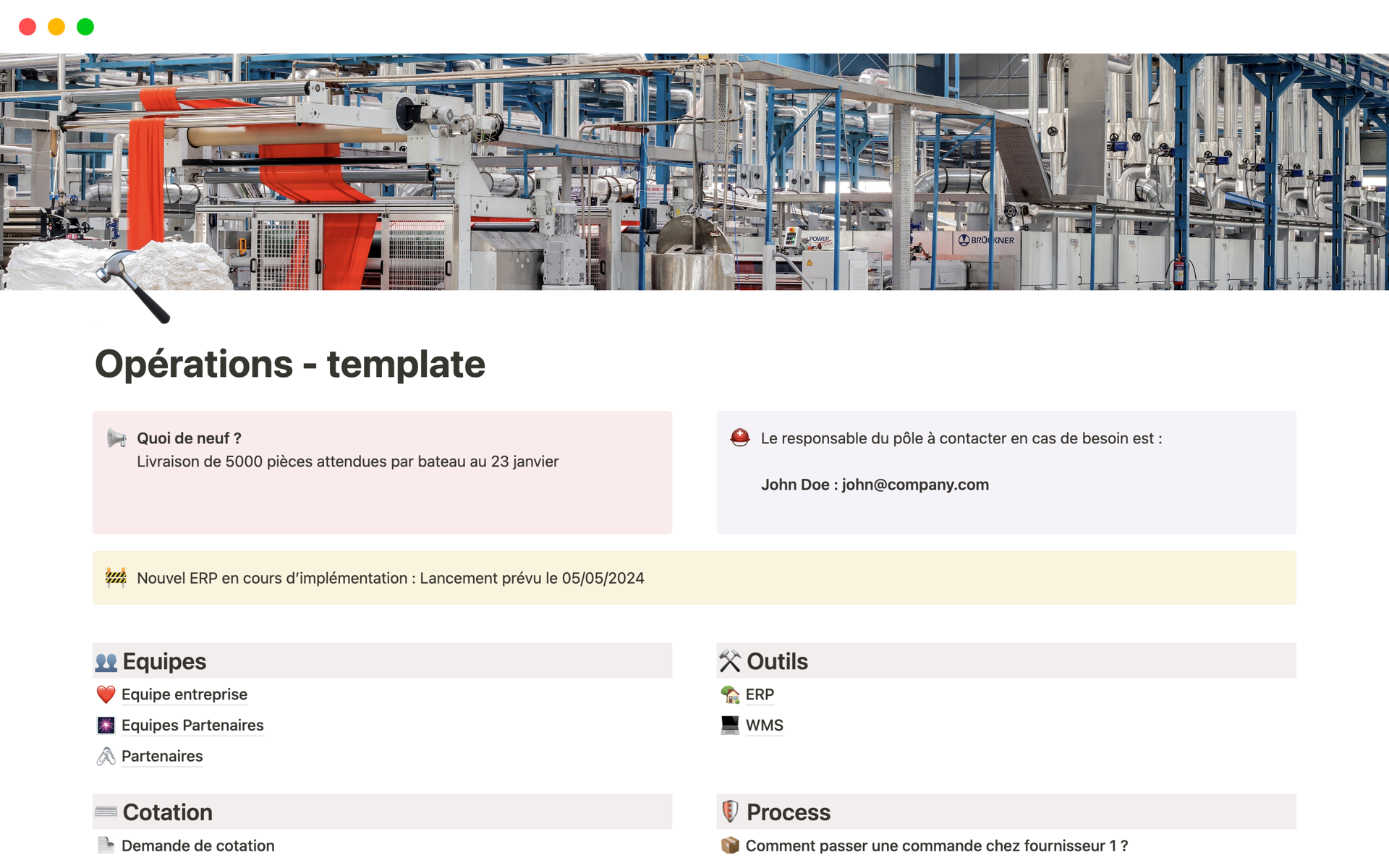 A template preview for Gestion des Opérations