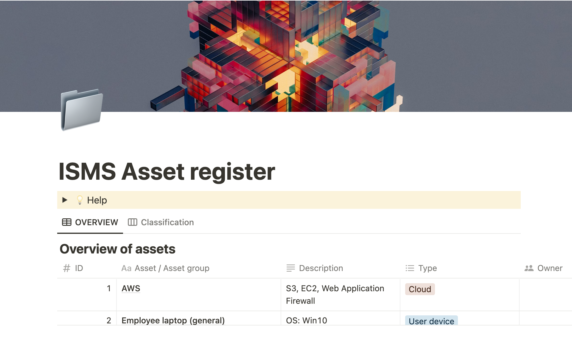 Vista previa de una plantilla para ISMS asset register