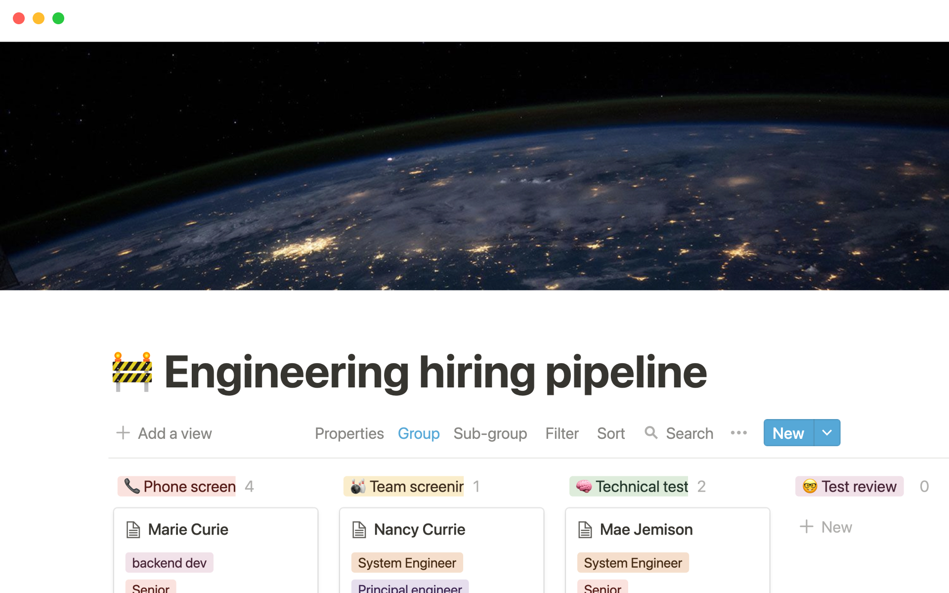 A template preview for Engineering hiring pipeline