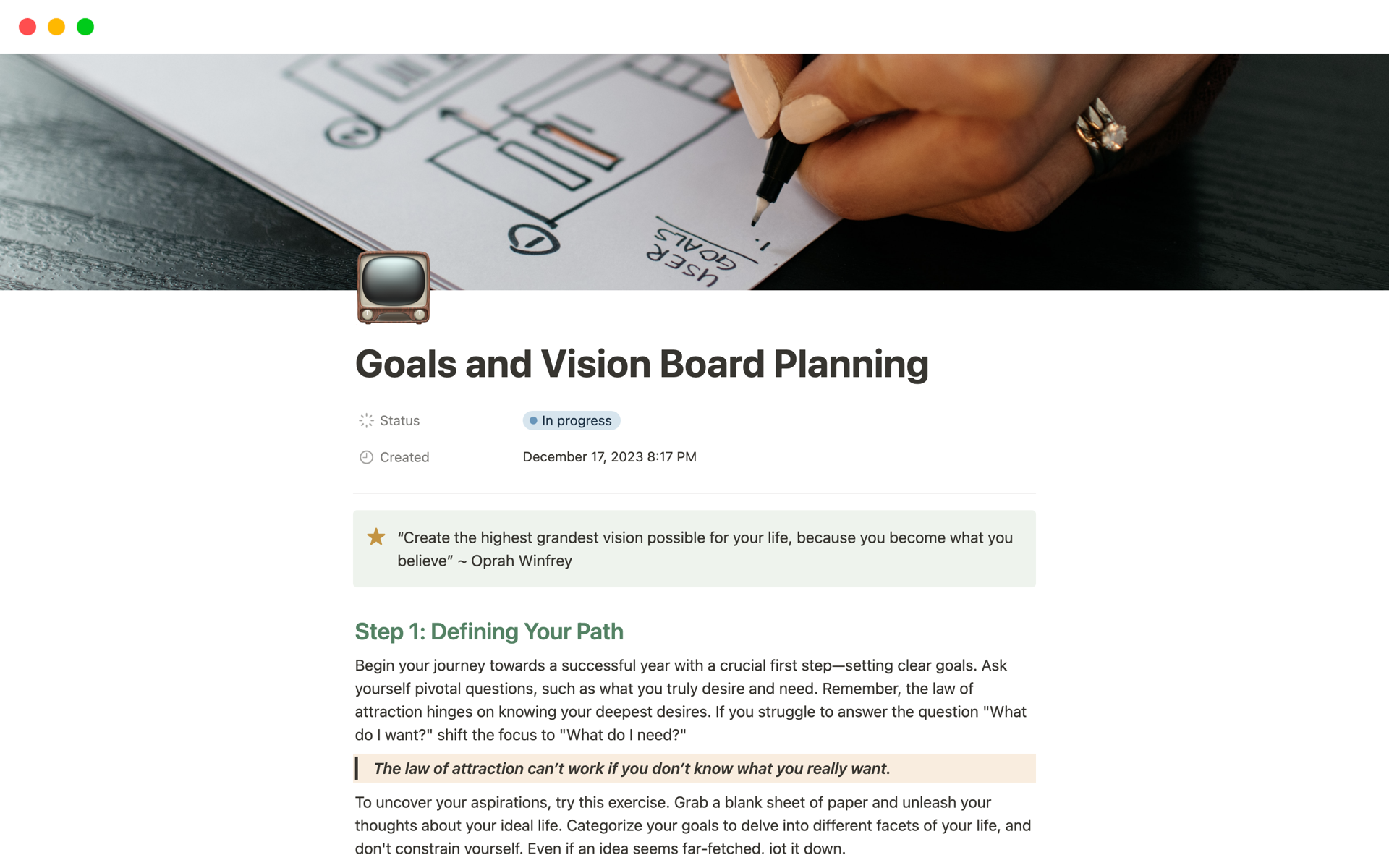 A template preview for Goals and Vision Board Planning