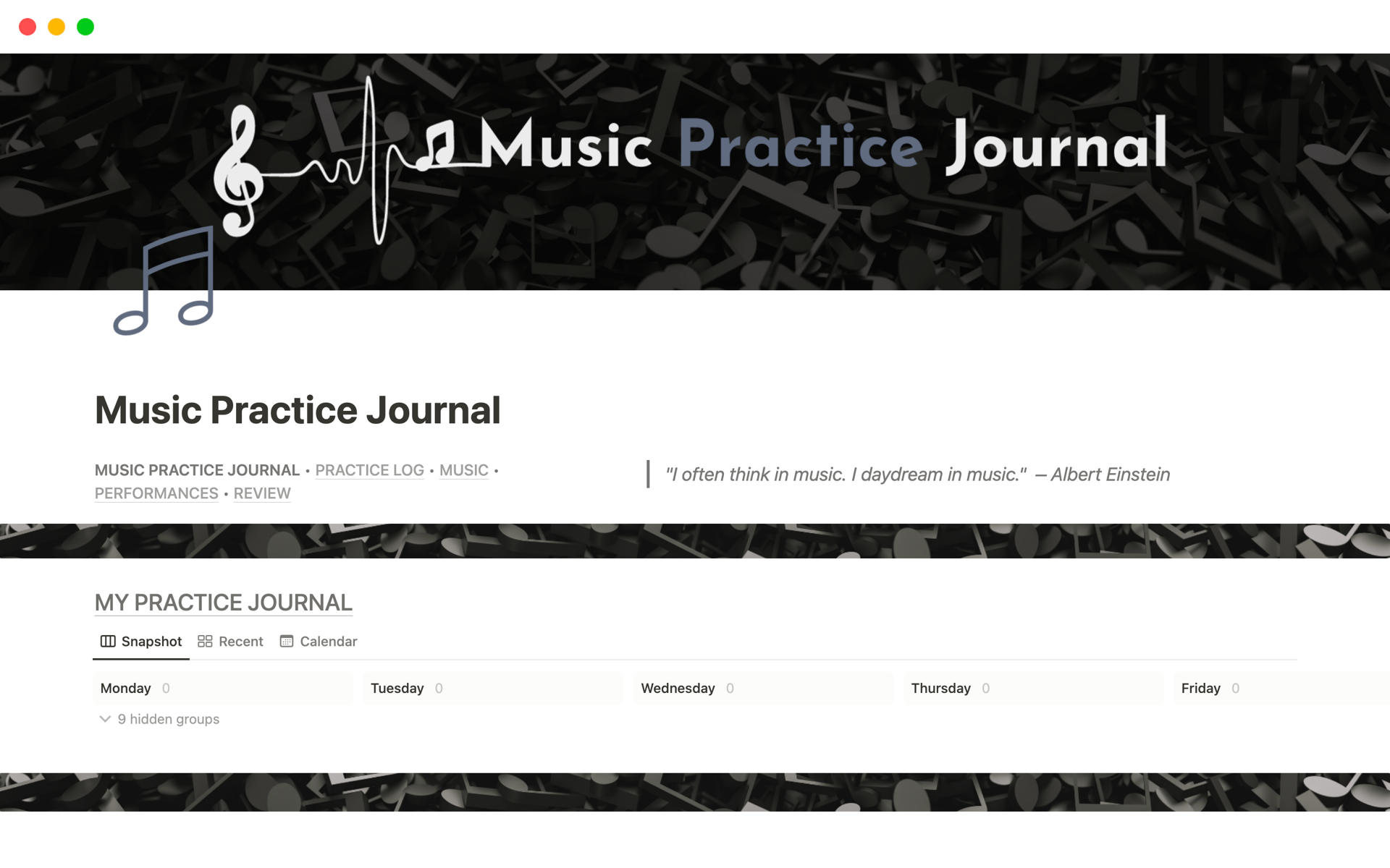 A template preview for Music Practice Journal