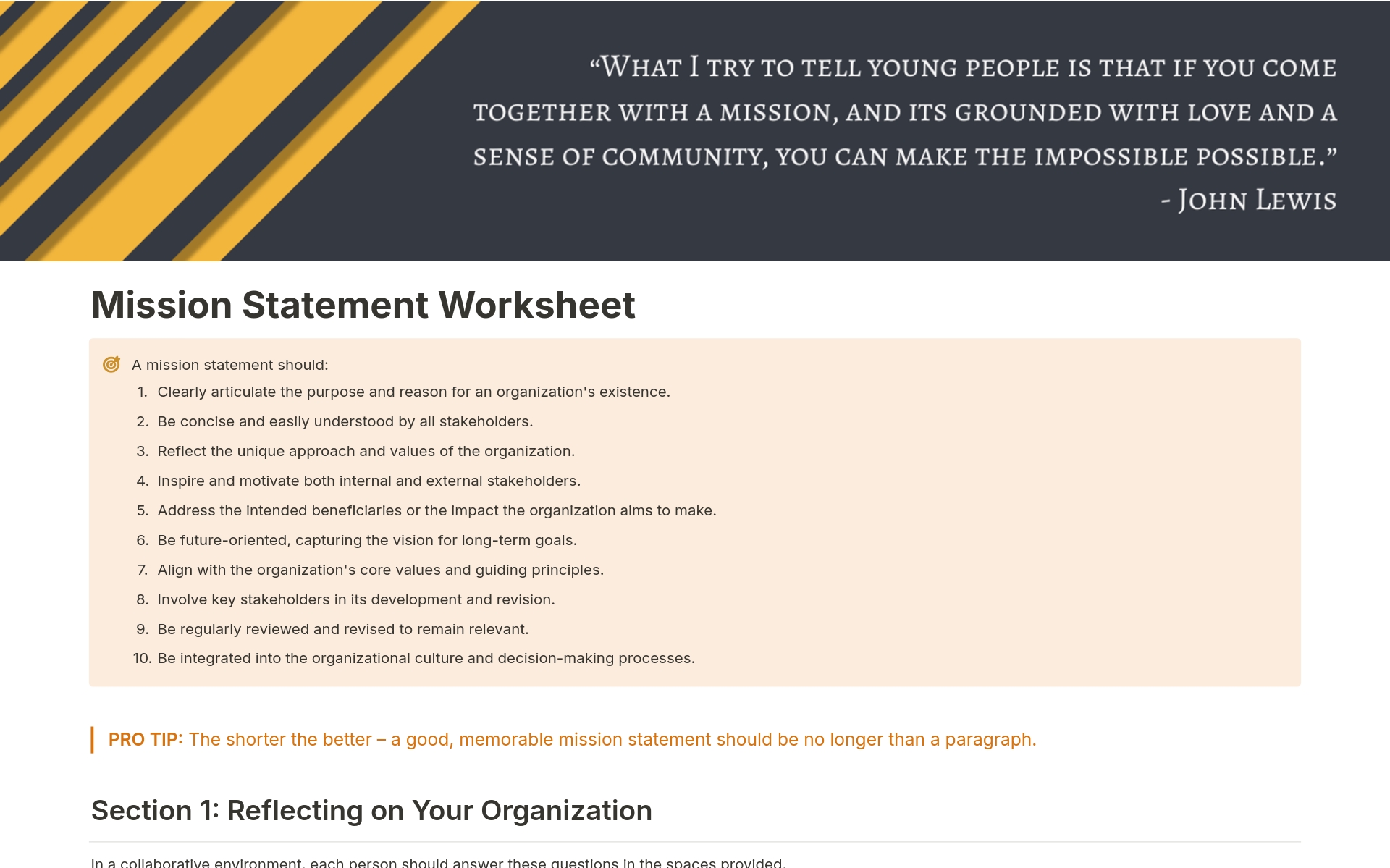 A template preview for Non-Profit Mission Statement Worksheet