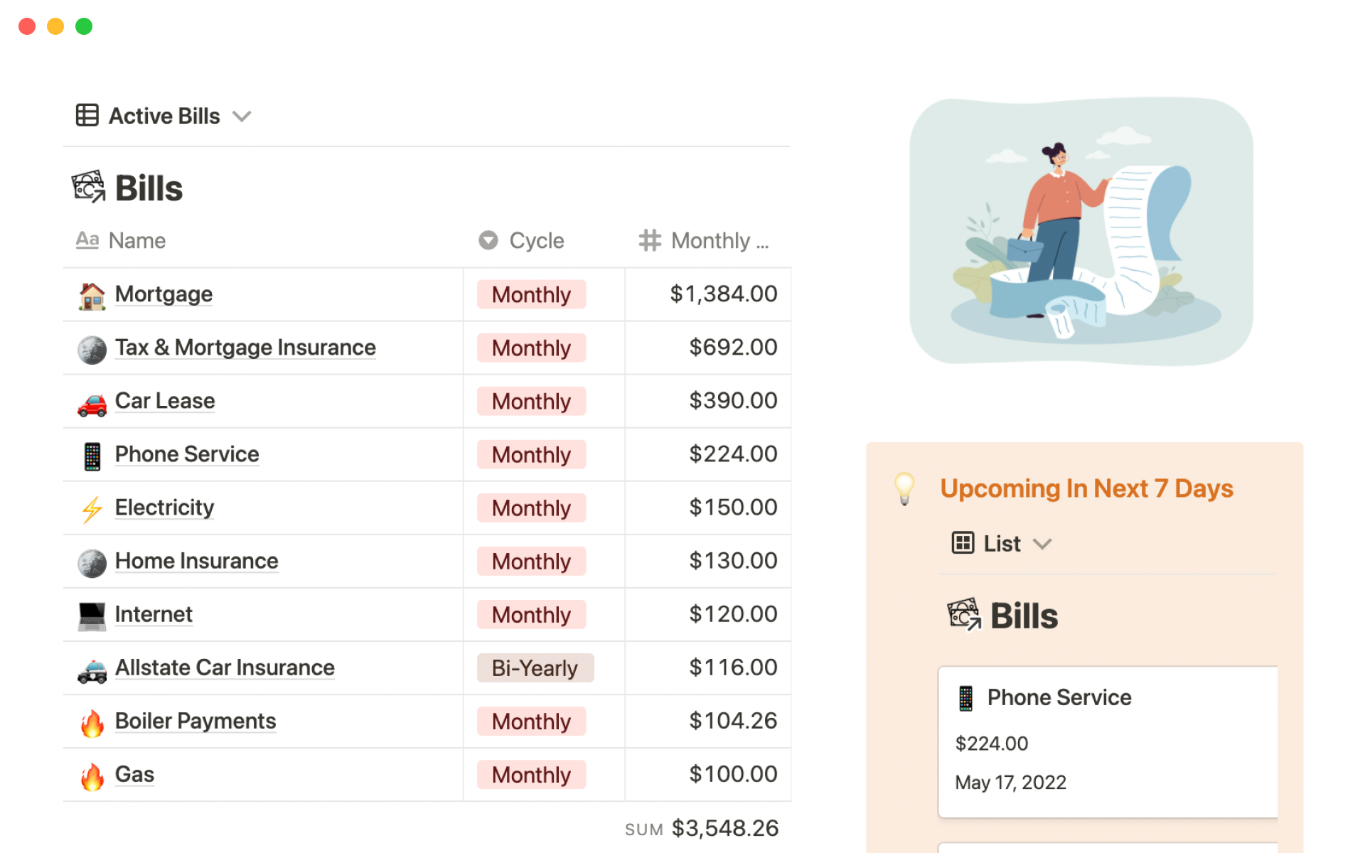 This tool will help you organize your bills and recurring expenses.