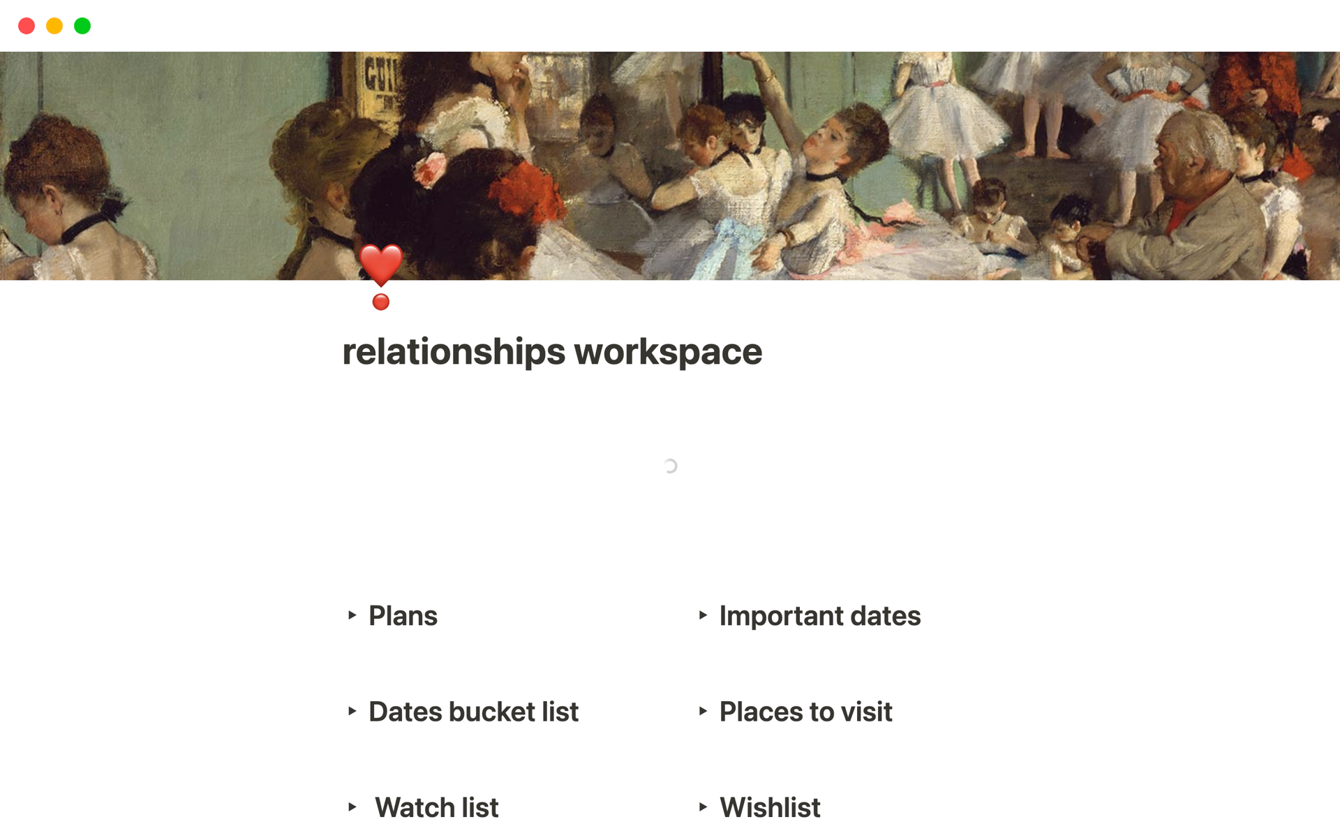 A template preview for Relationships workspace