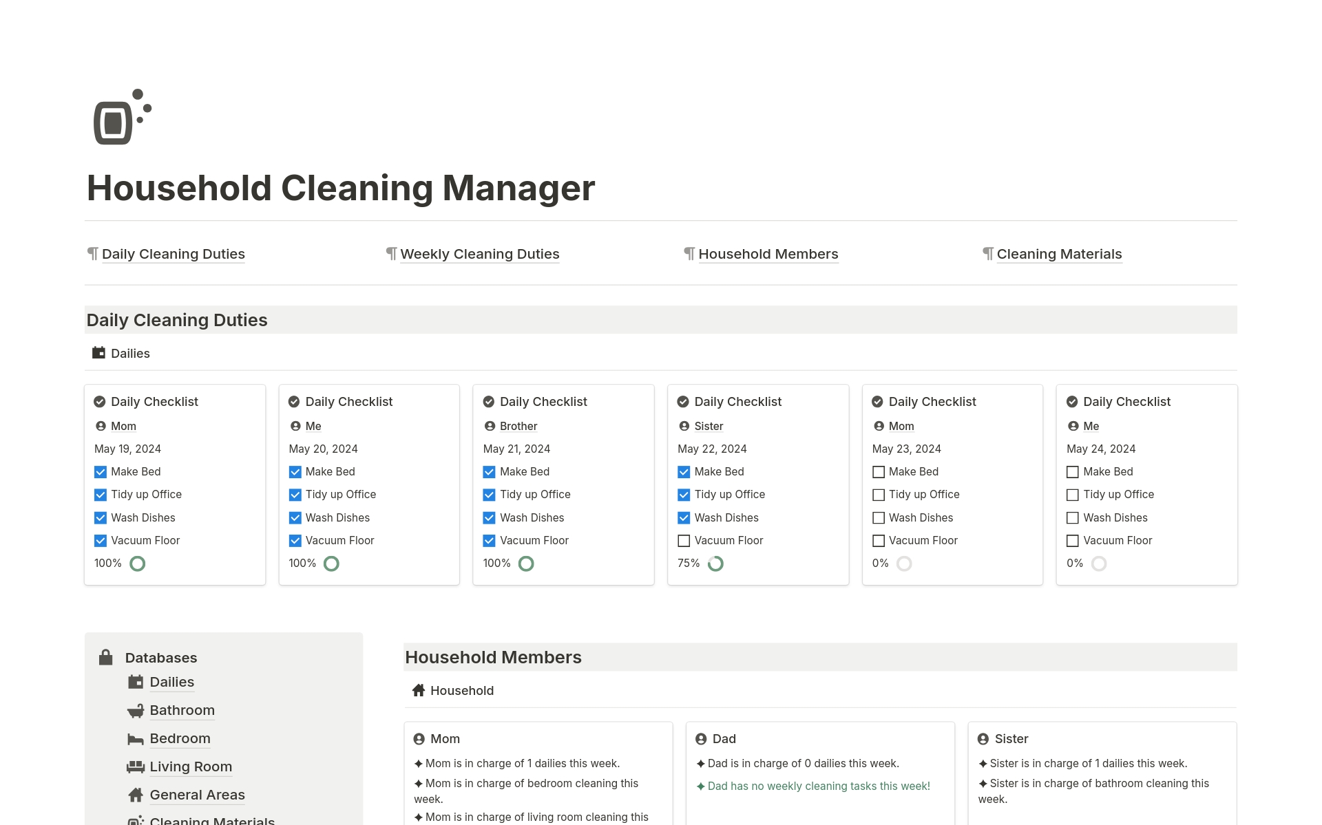 Household Cleaning Managerのテンプレートのプレビュー
