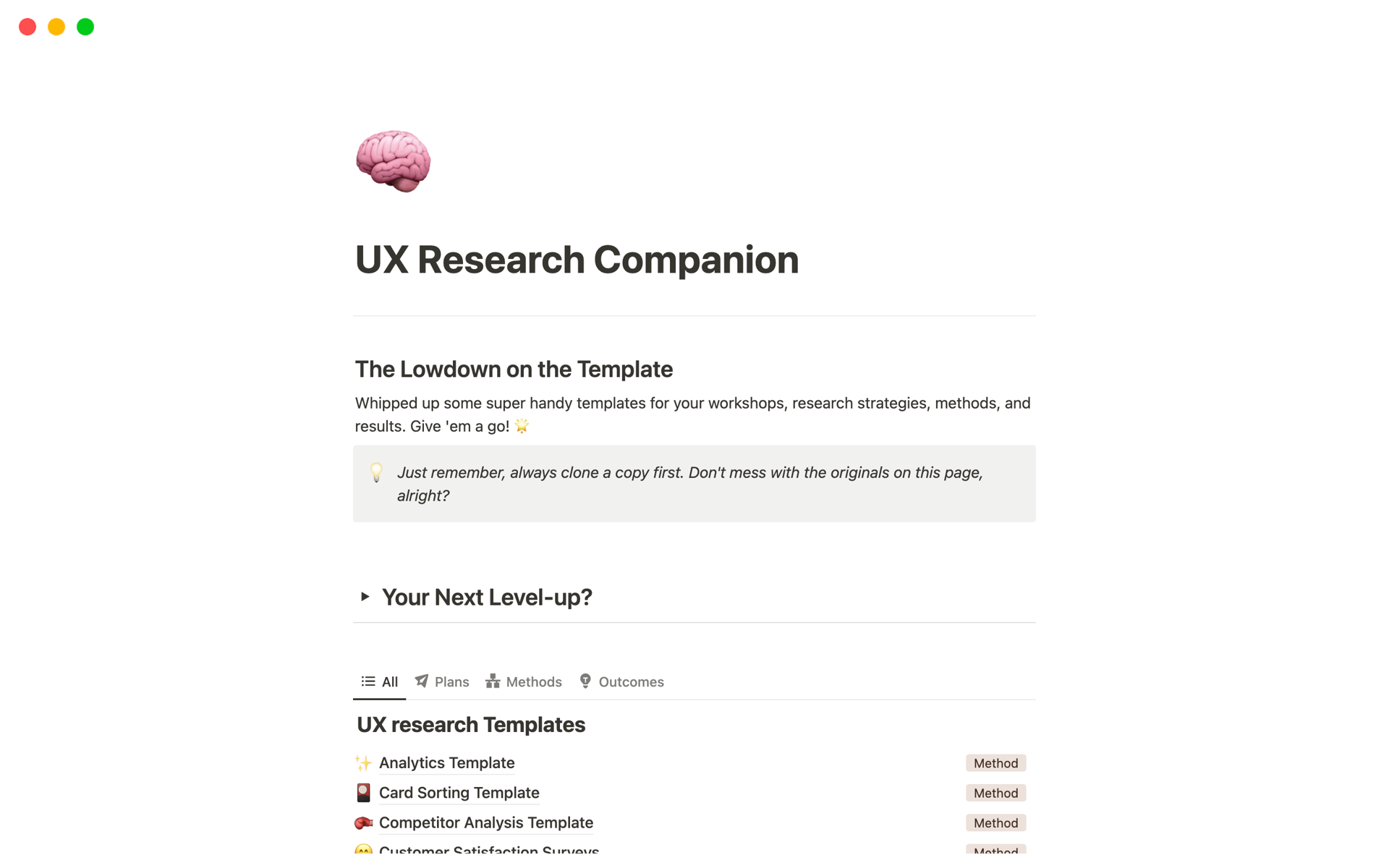 Uma prévia do modelo para UX Research Companion | Ultimate Research Partner