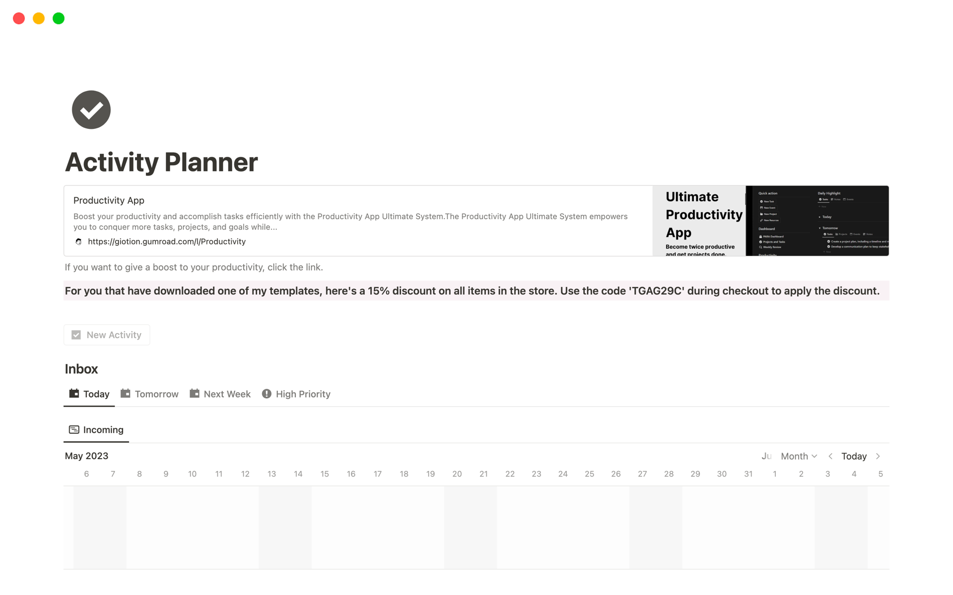 A template preview for Activity Planner