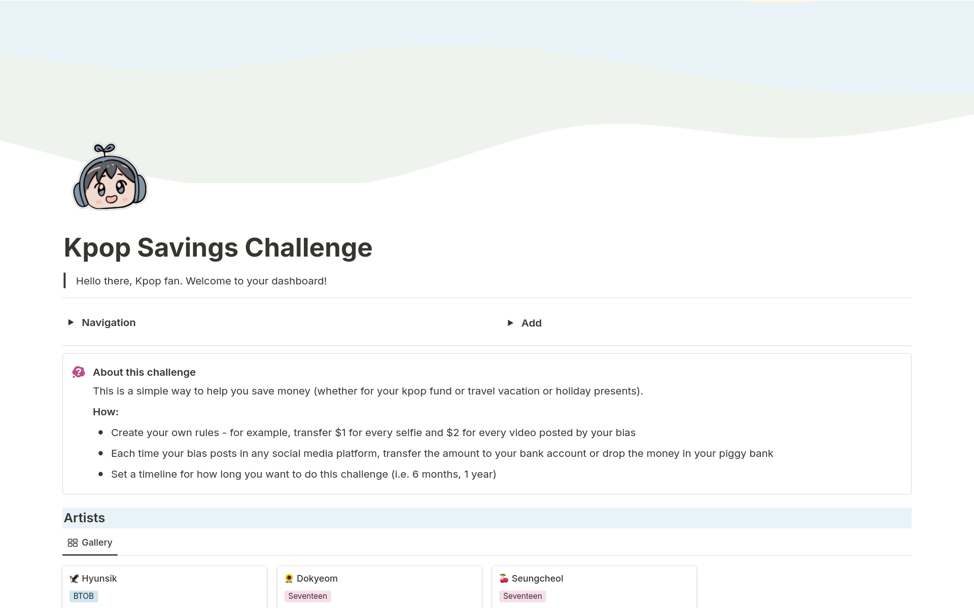 Vista previa de una plantilla para Kpop Savings Challenge (Tracker)