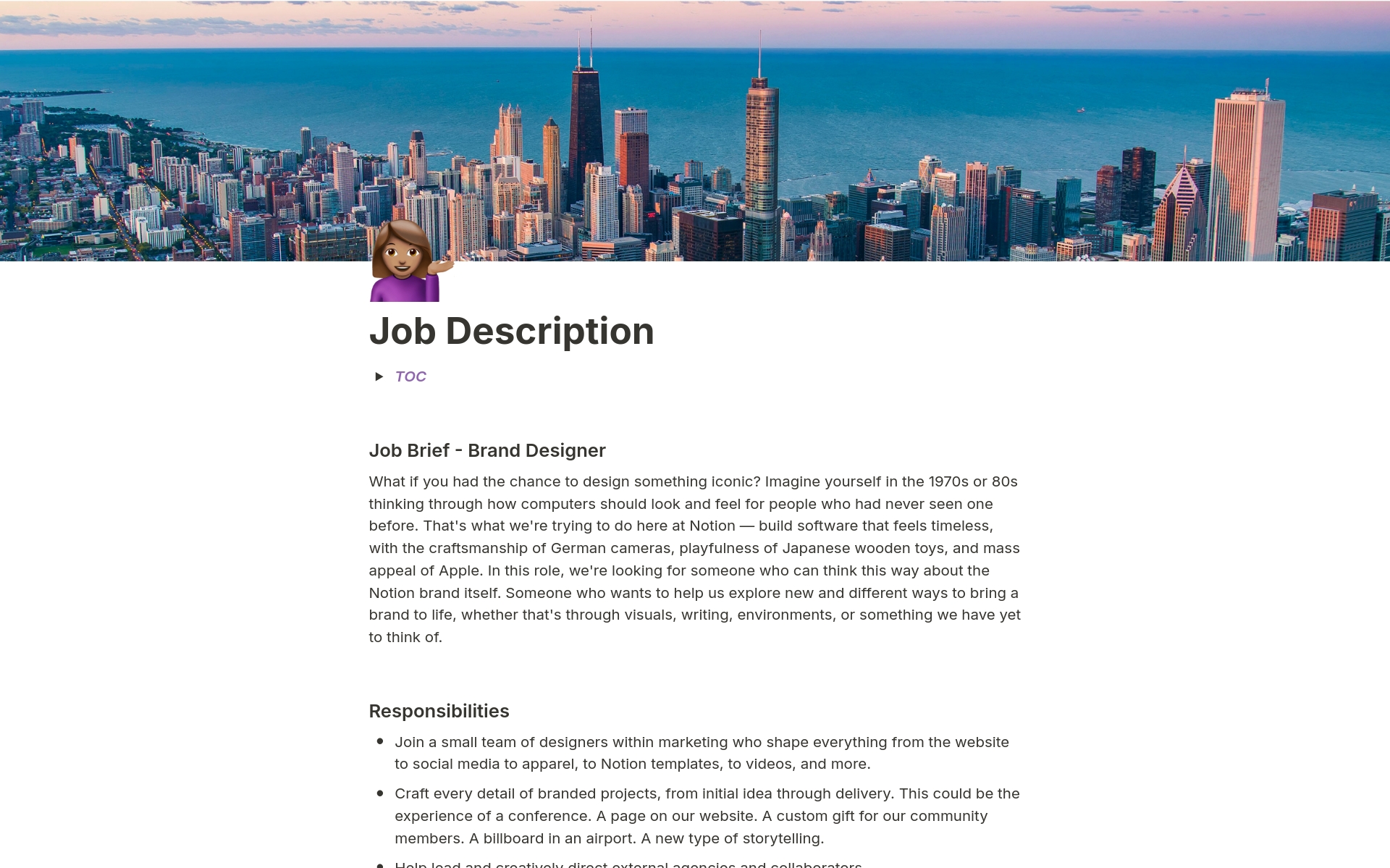 Vista previa de una plantilla para Job Description