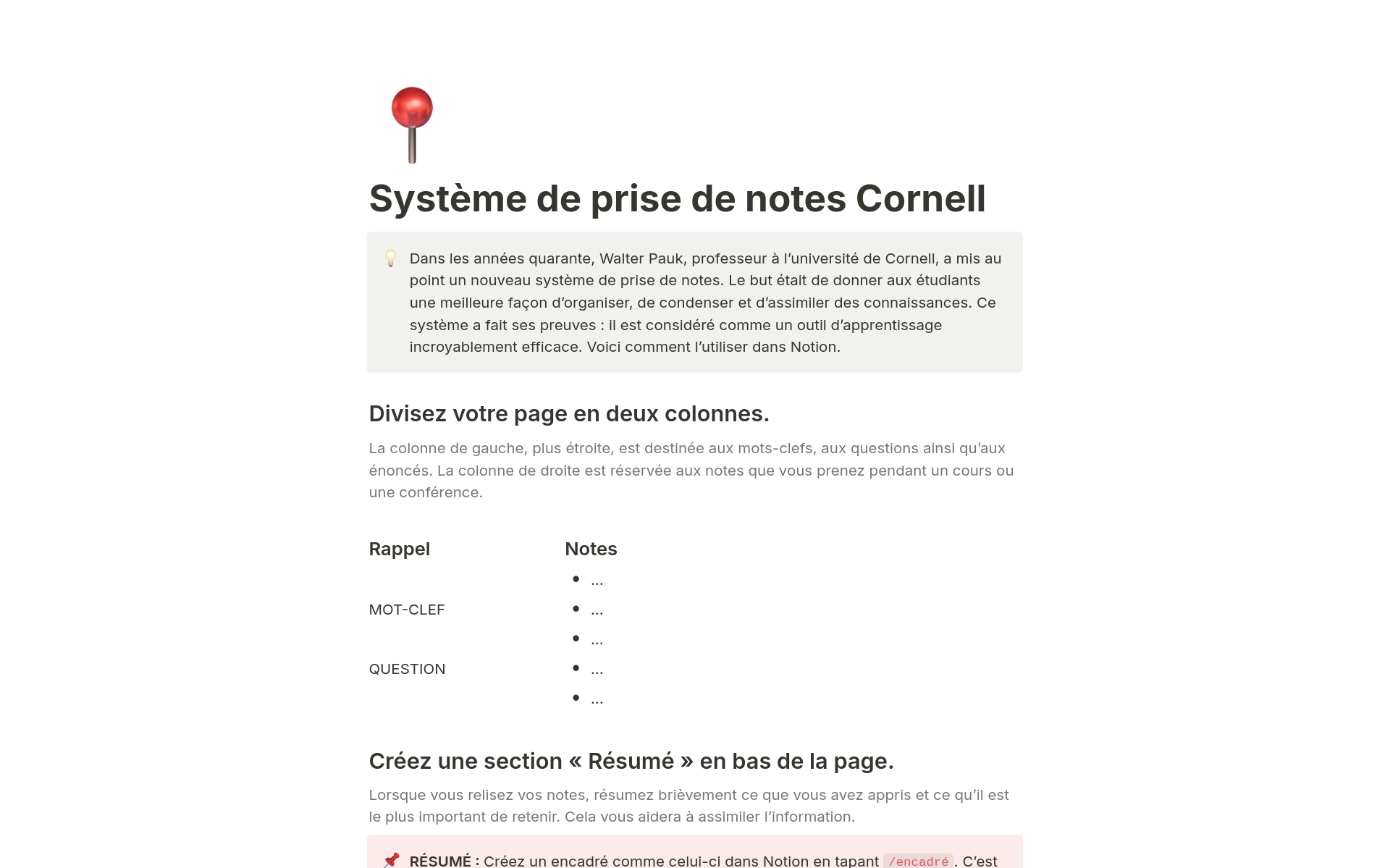 Aperçu du modèle de Système de notes Cornell