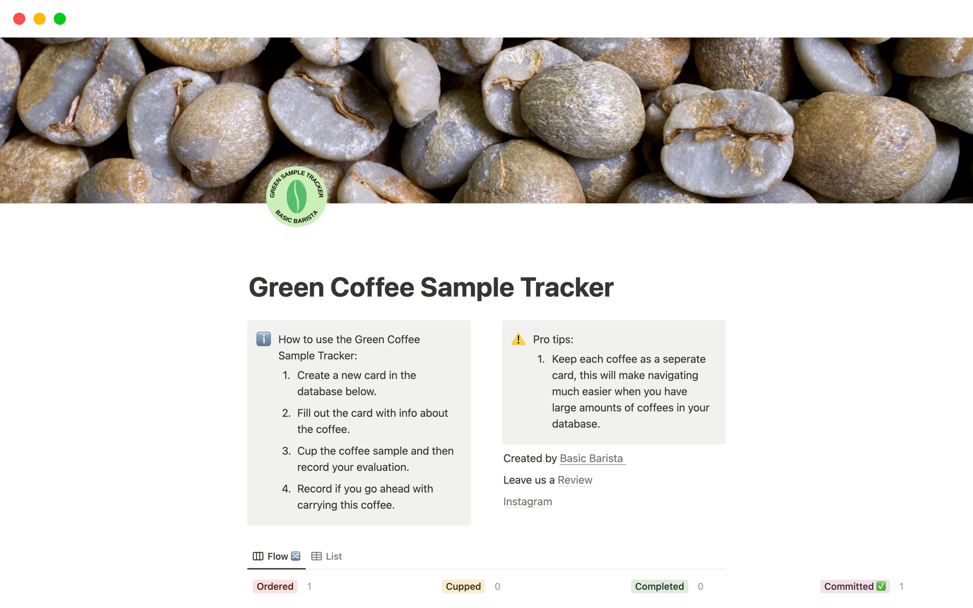 A template preview for Green Coffee Sample Tracker