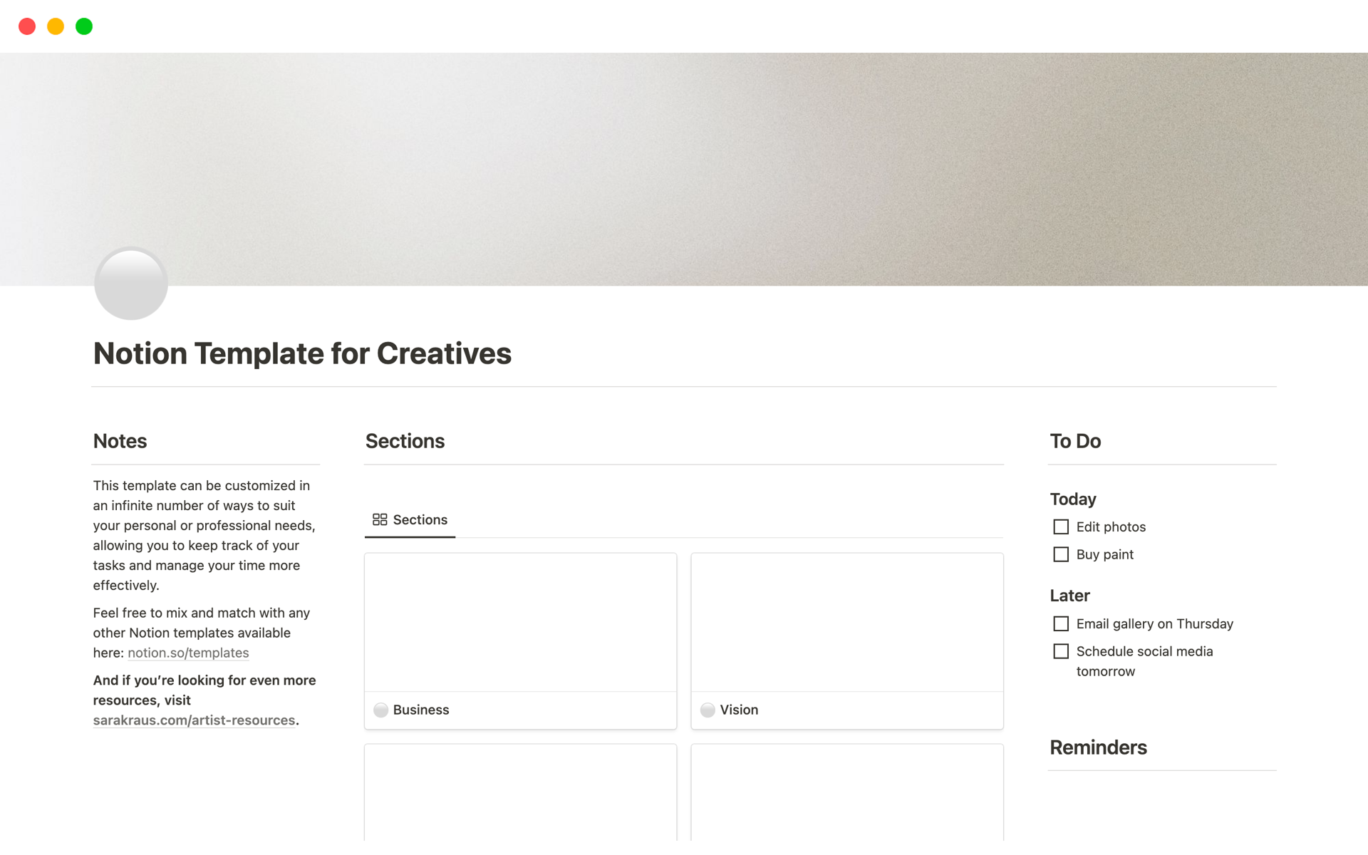 A template preview for Creatives & Artists