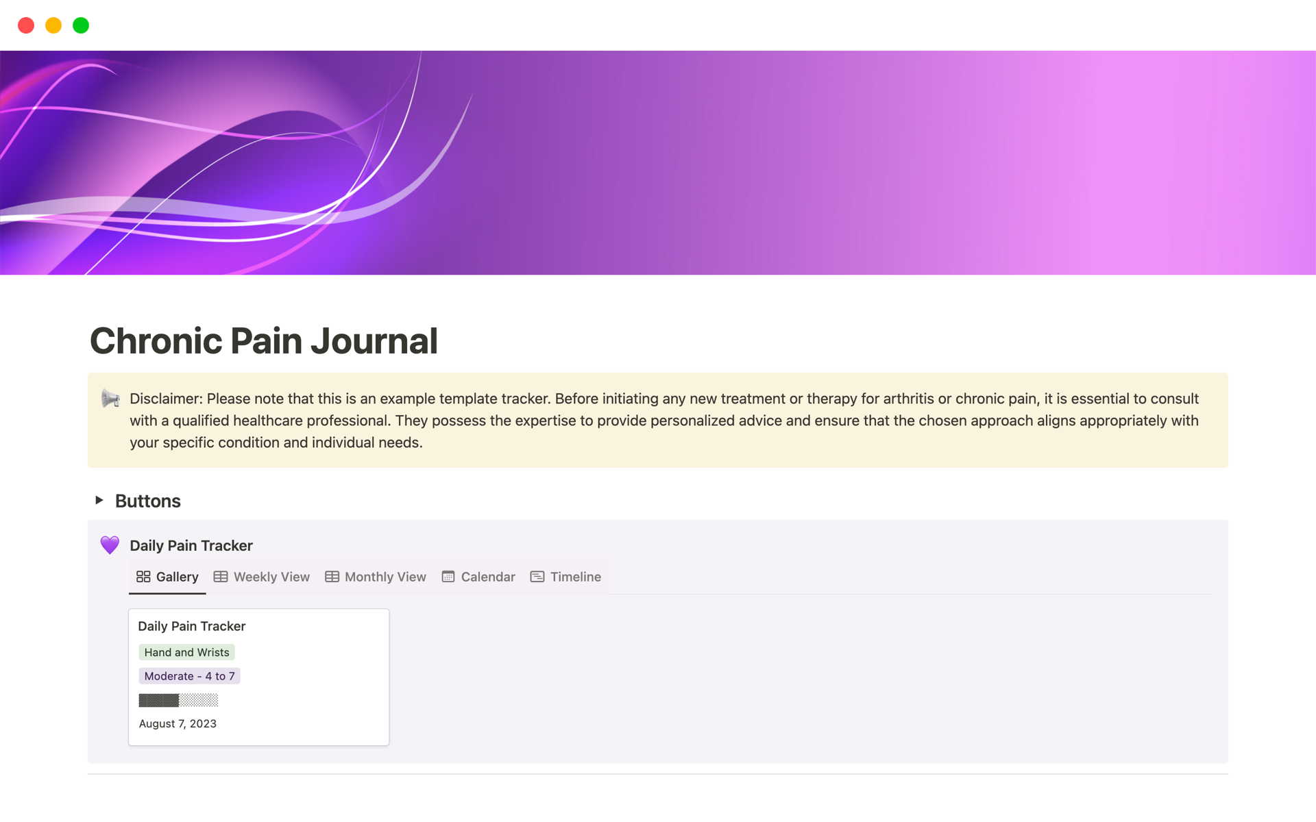 A template preview for Chronic Pain Journal