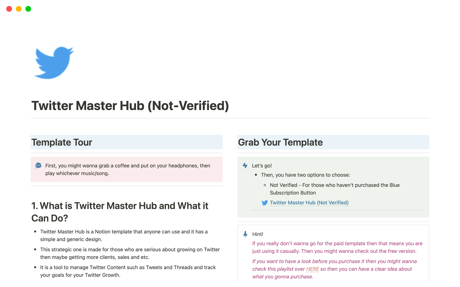 A template preview for Twitter Master Hub (Not Verified)