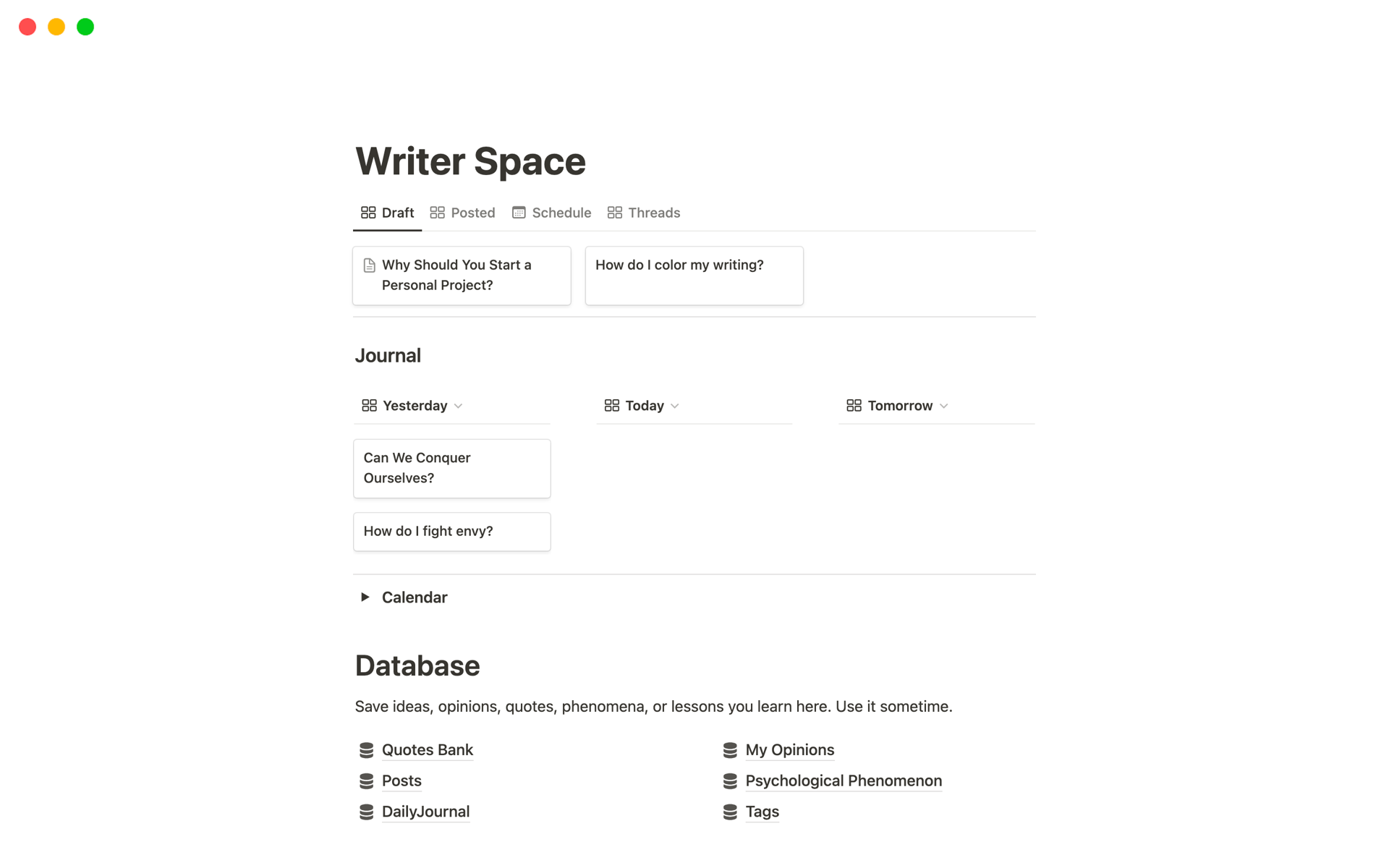 A template preview for Writer Space