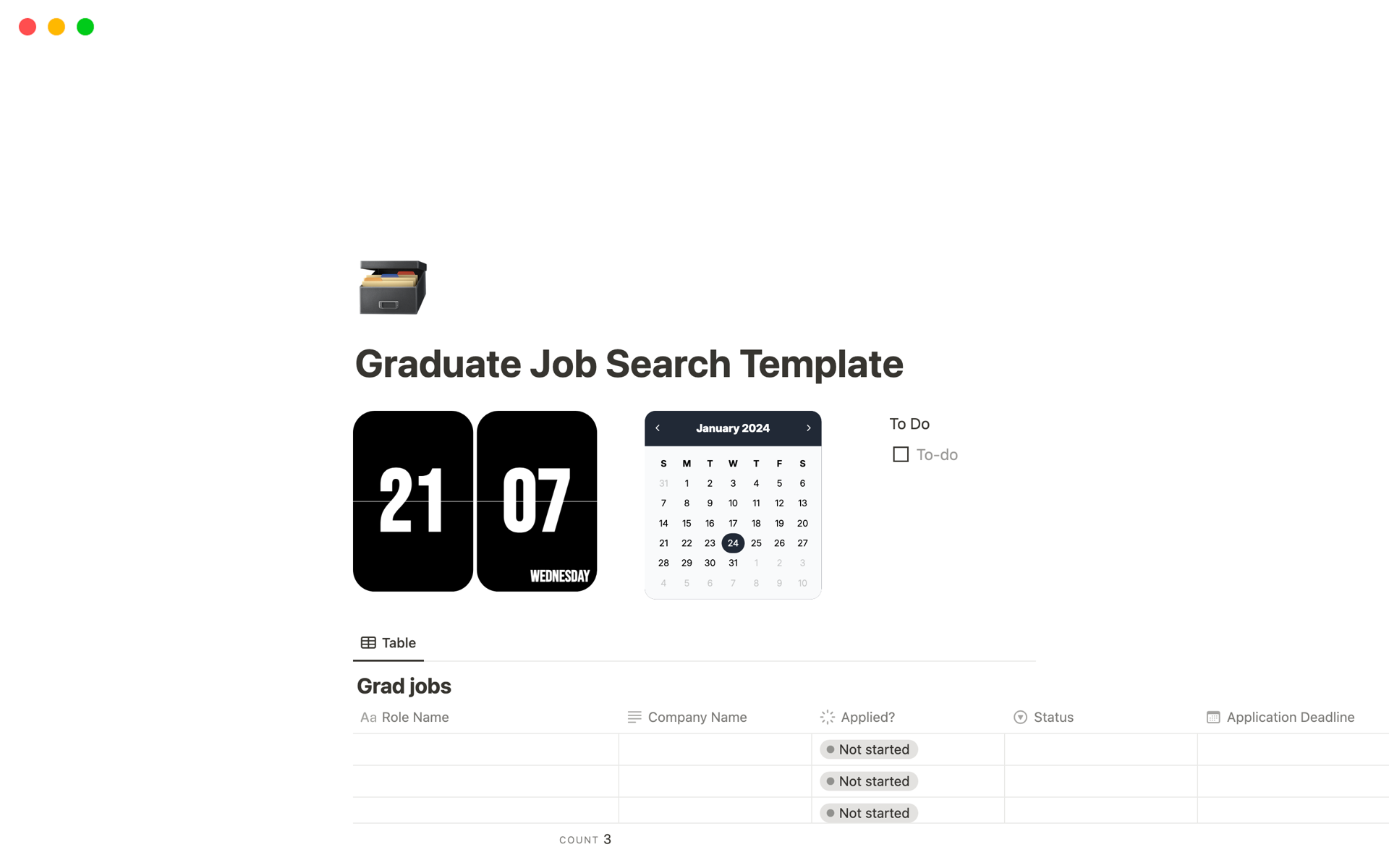 En forhåndsvisning av mal for Graduate Job Search