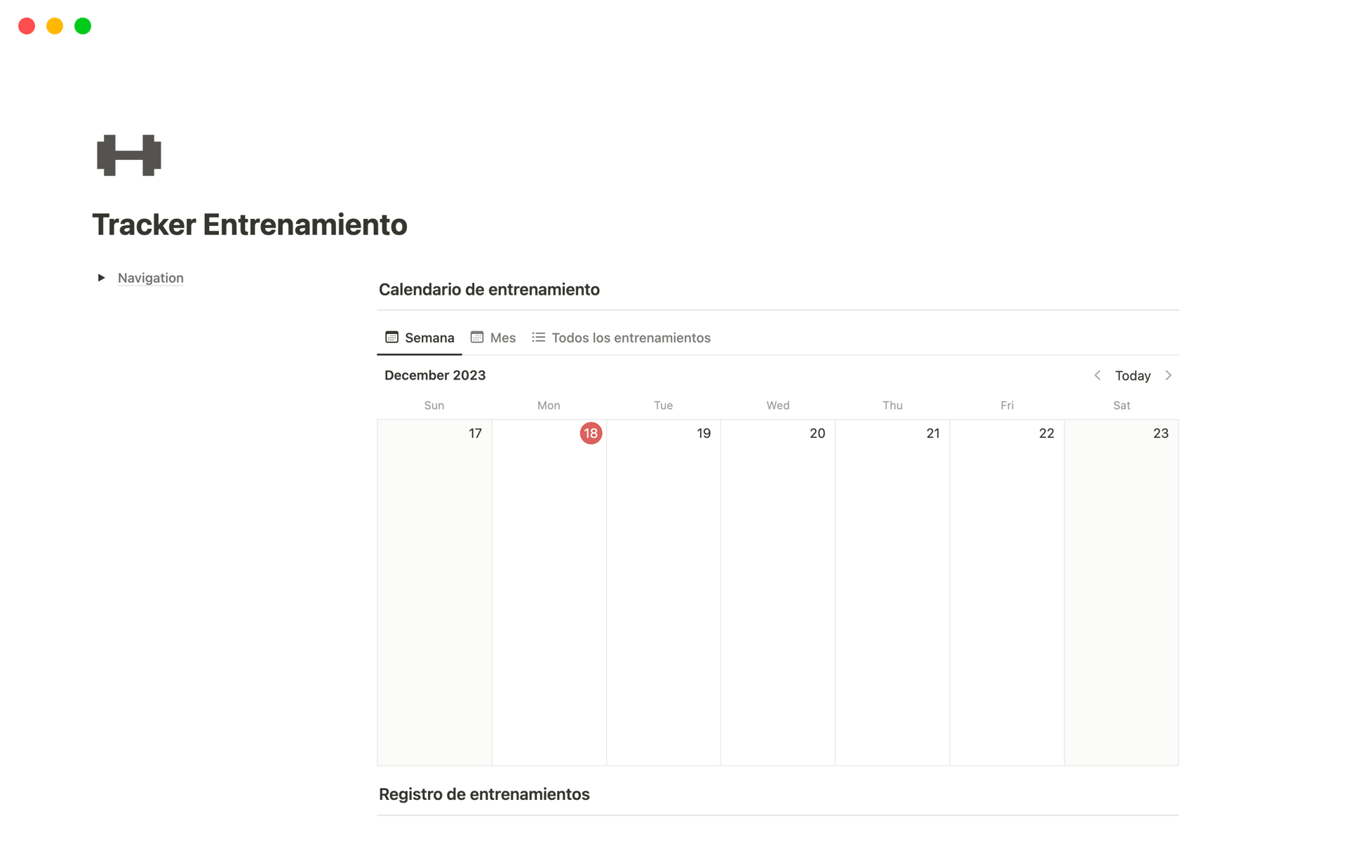 A template preview for Tracker Entrenamiento