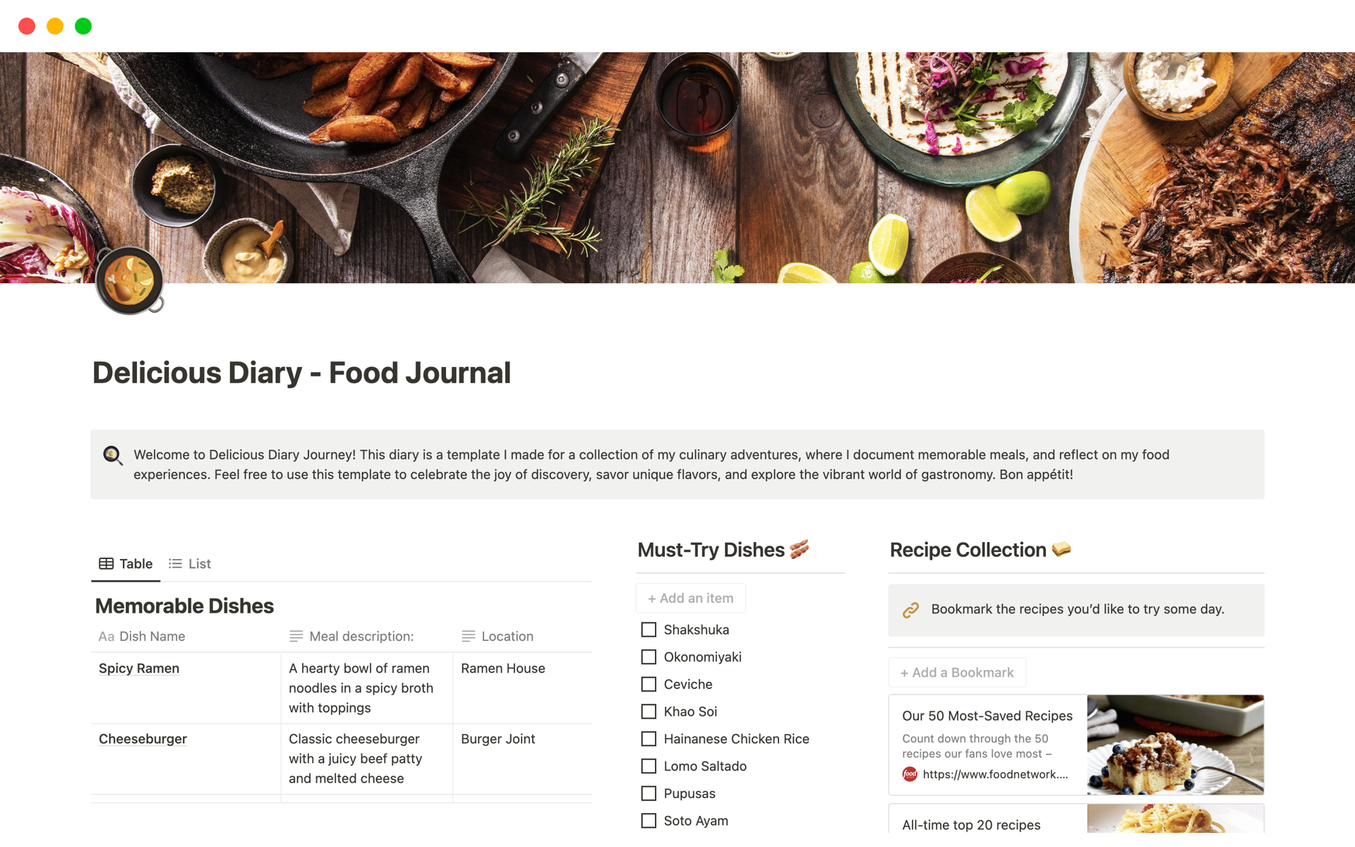 A template preview for Delicious Diary - Food Journal