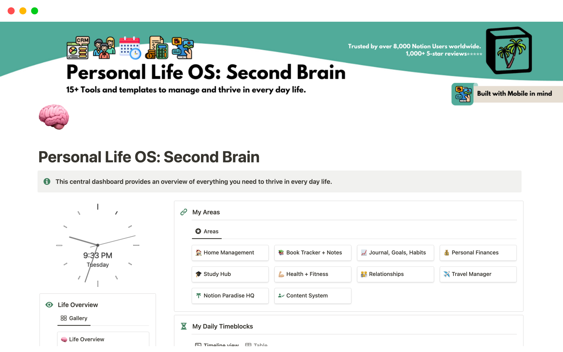 Uma prévia do modelo para Personal Life OS: Second Brain - 15-in-1 template