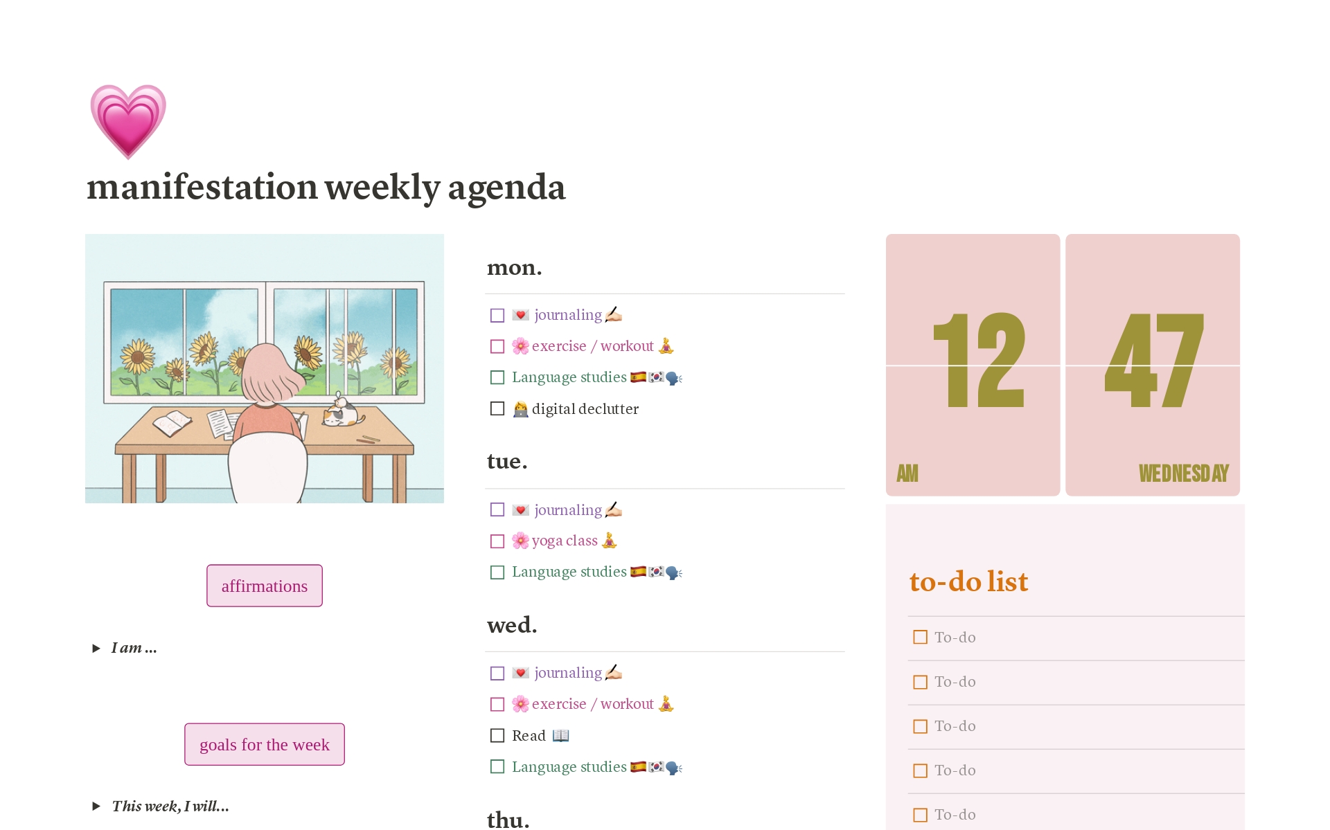 A template preview for manifestation weekly agenda 