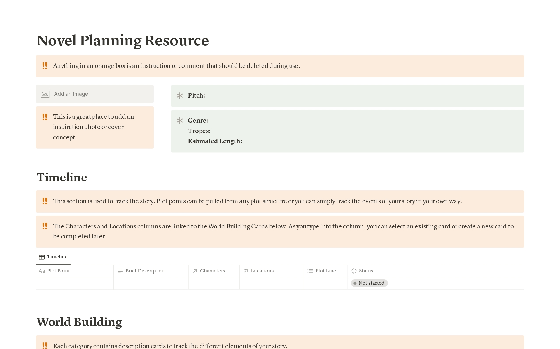 A template preview for Novel Planning Resource