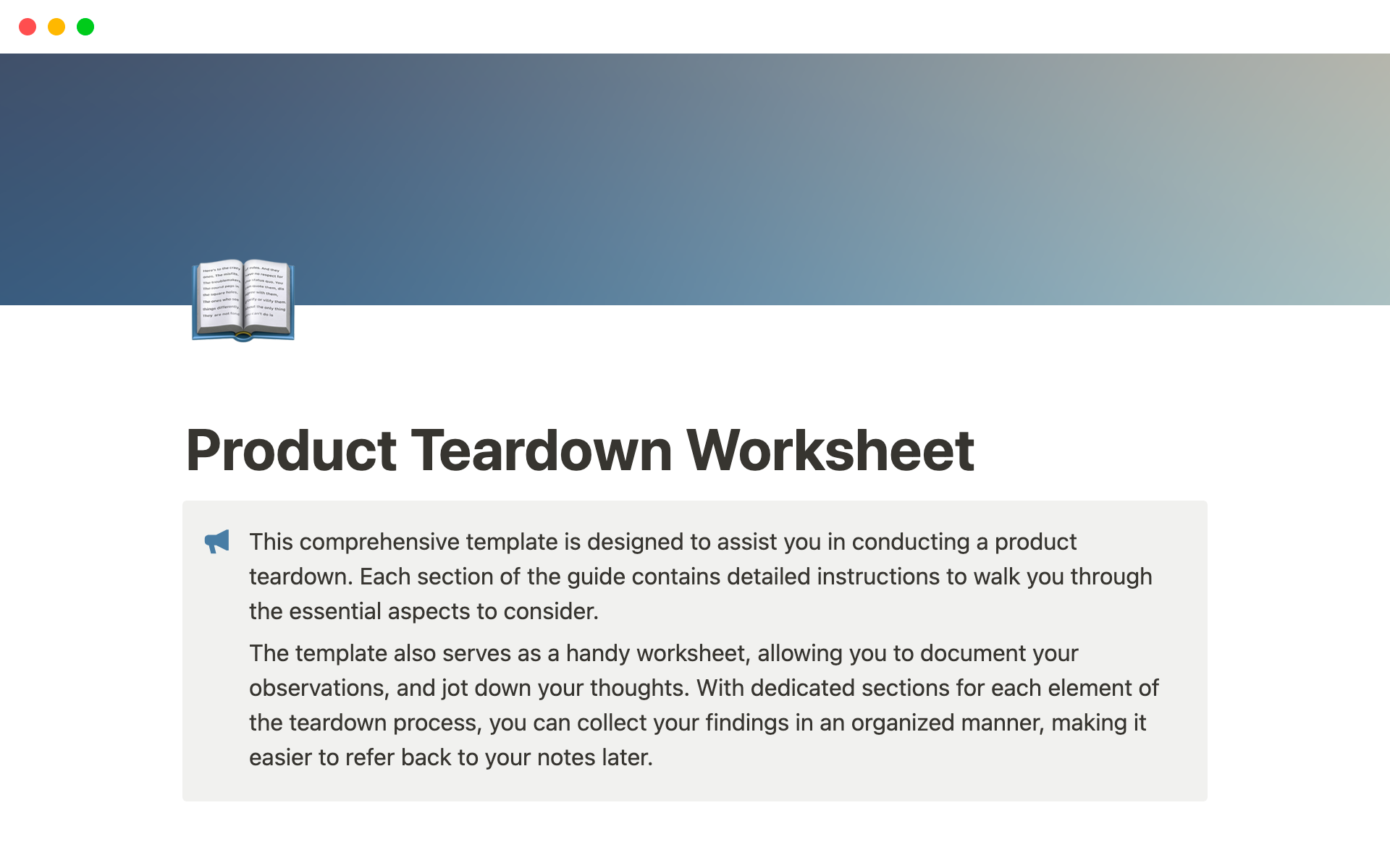 A template preview for Product Teardown Worksheet